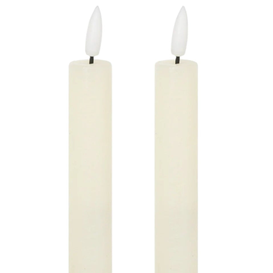"Set of two real wax dinner candles, providing a safe and elegant way to add soft, ambient light to your space."