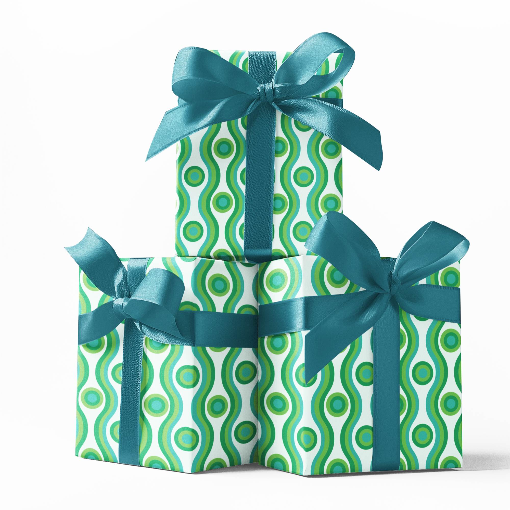 Two stacked gift boxes with green and white pattern and blue ribbons on a white background