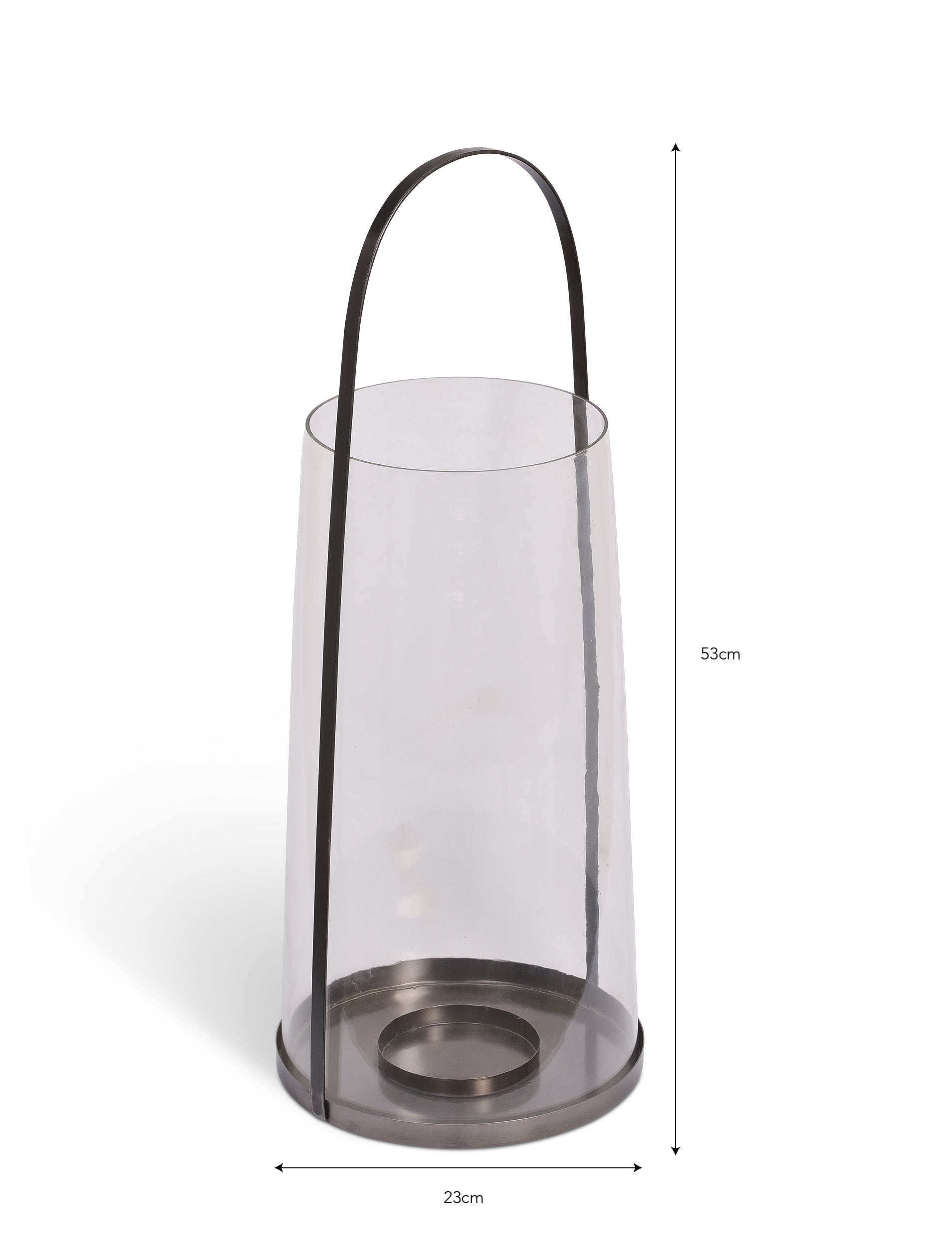 Glass lantern with metal handle and dimensions on a white background