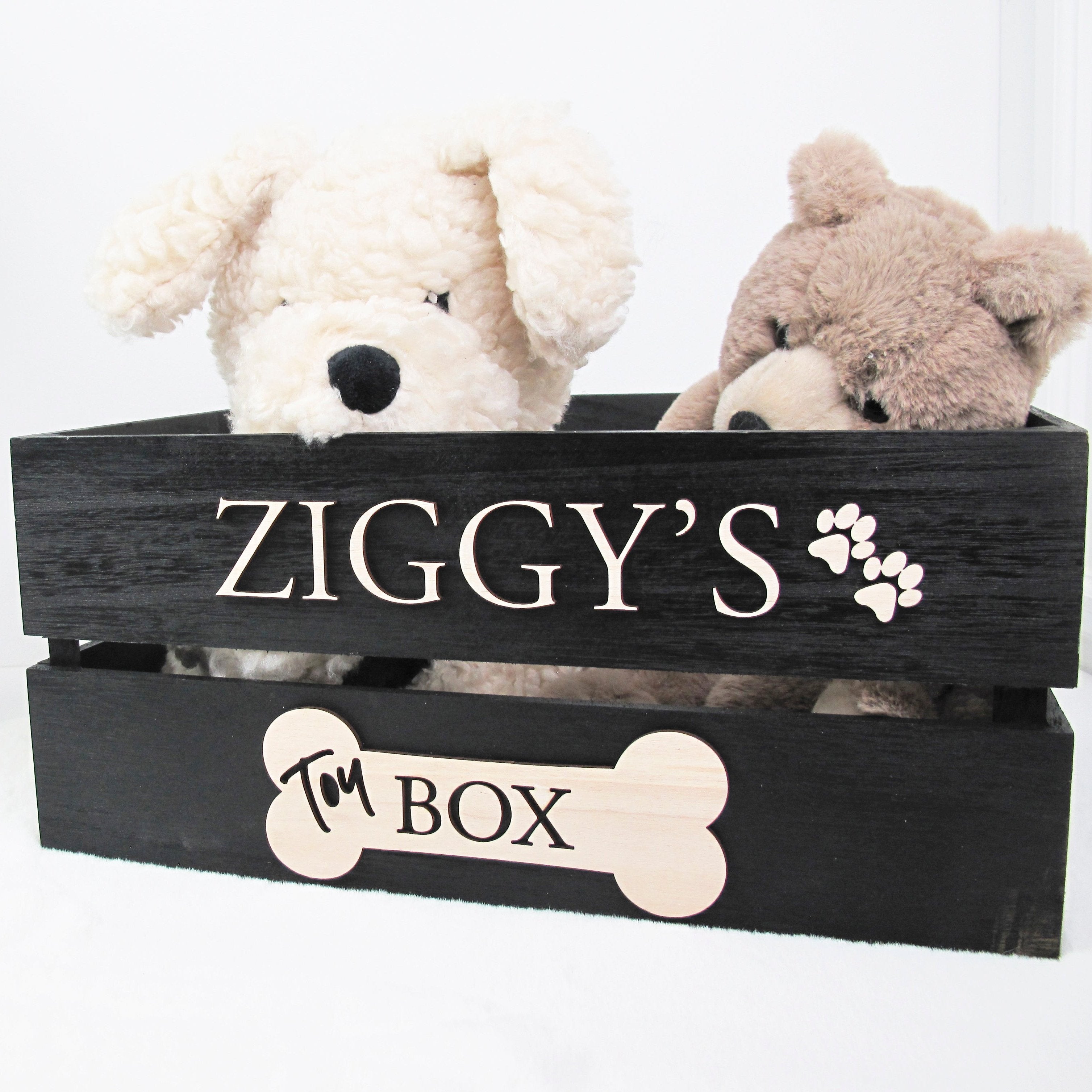 Personalised wooden pet toy box with raised name design in ebony finish, handcrafted from plywood.