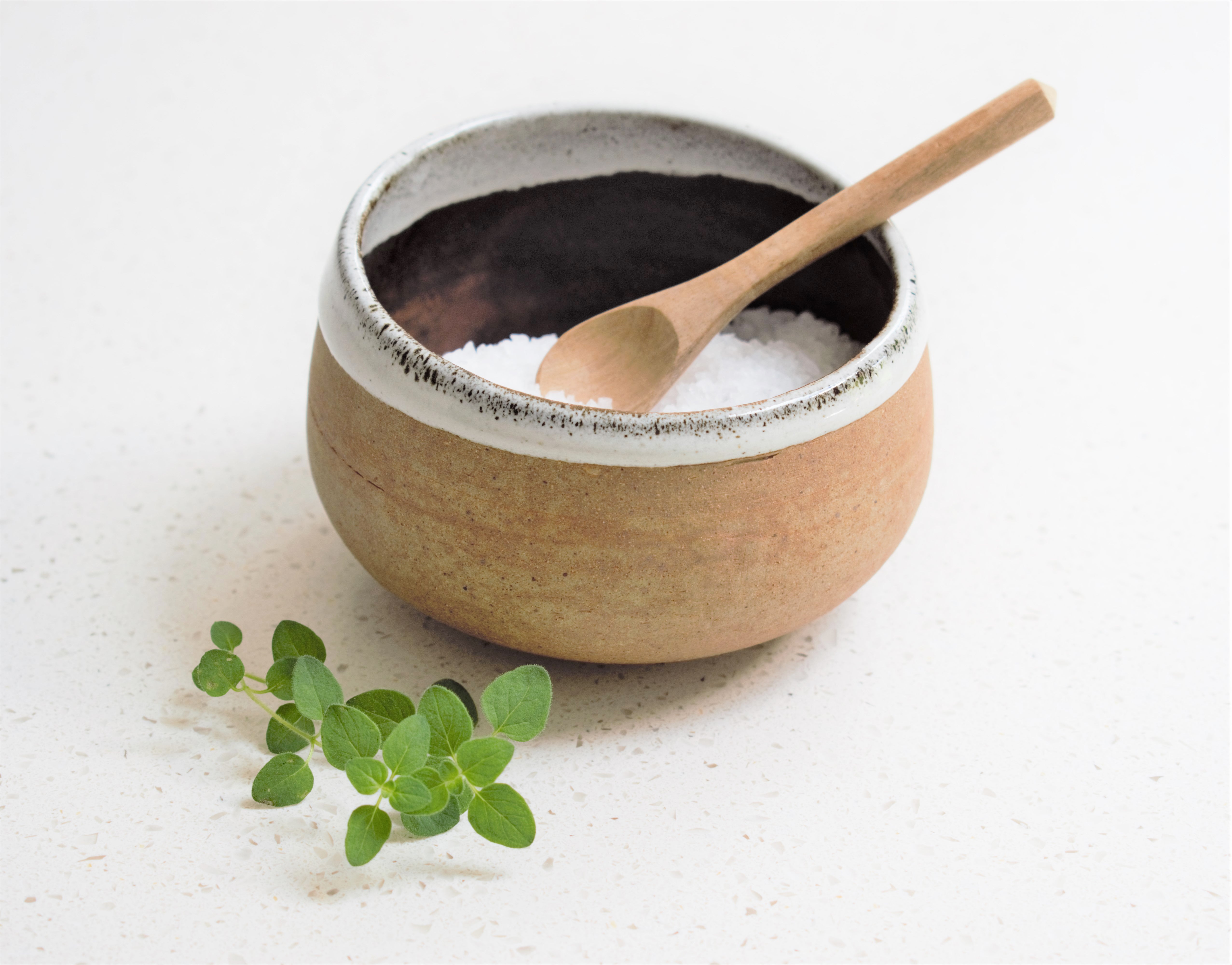 salt cellar with spoon, artisan pottery
