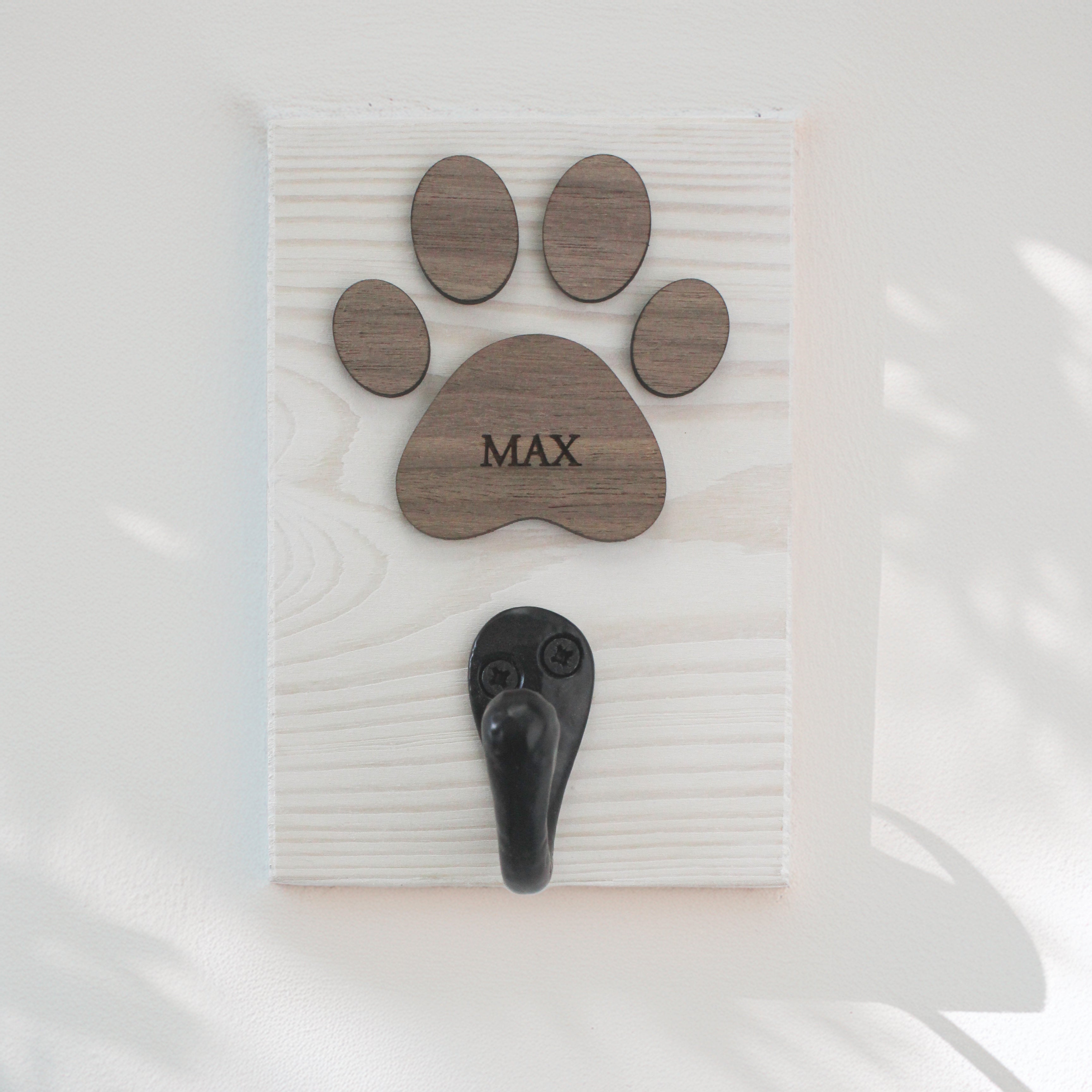Personalised Dog Lead Hook, with White or Black Base and Oak or Walnut Veneer Paw