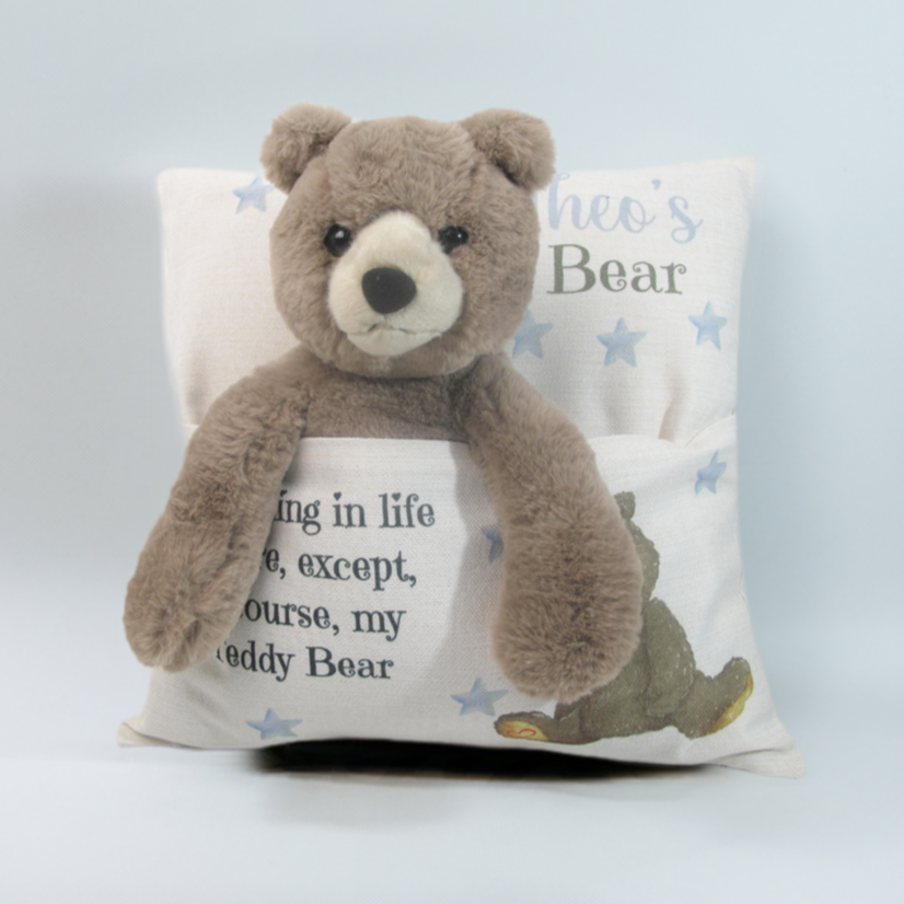 Personalised Cushion with Teddy Bear – Pink Love Hearts & Blue Stars