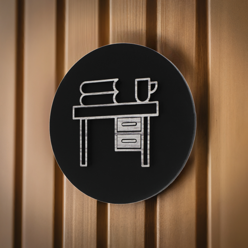 Office Desk with Files and Coffee Cup Door Plaque – Available in Two Sizes