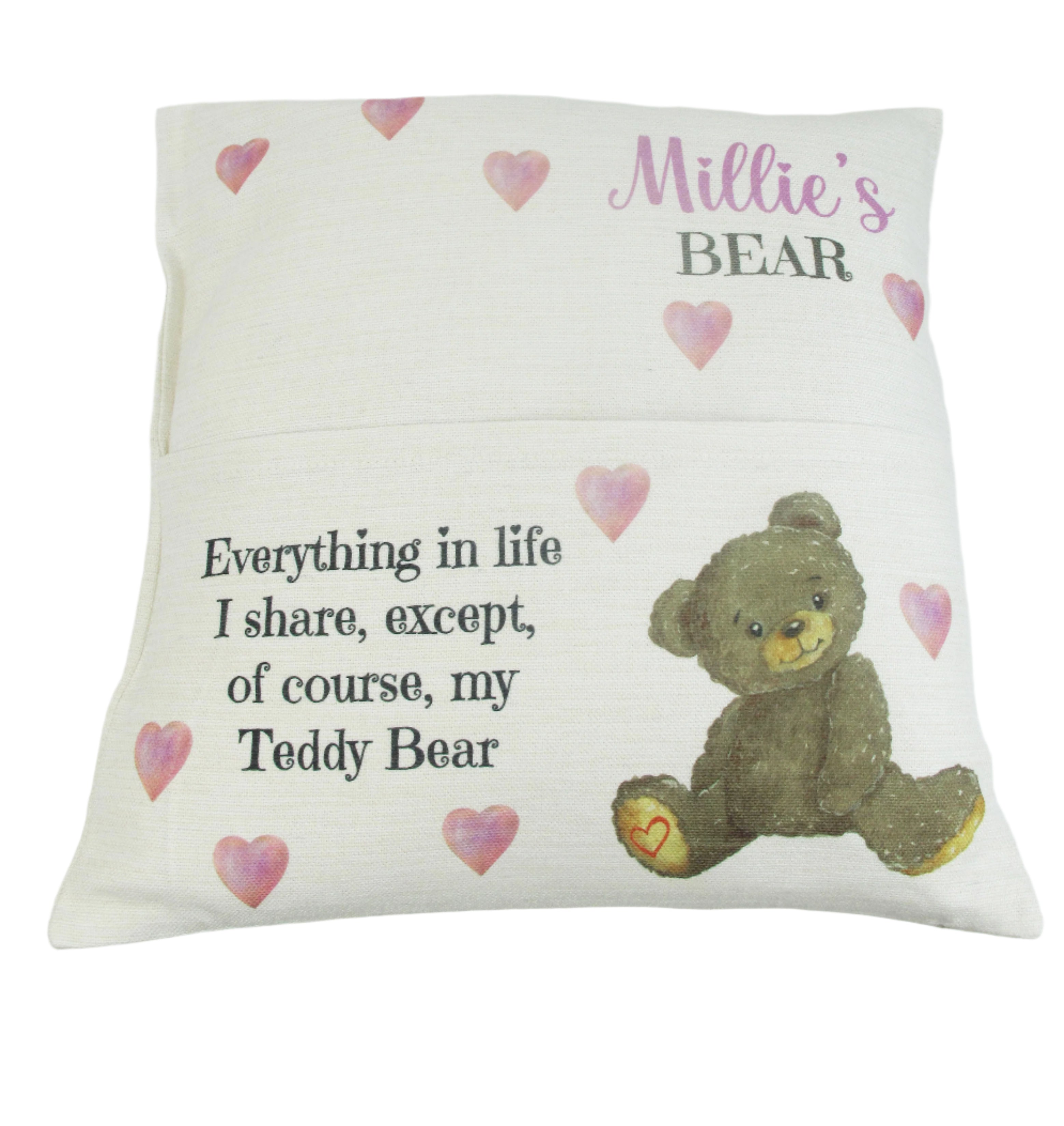 Personalised Cushion with Teddy Bear – Pink Love Hearts & Blue Stars