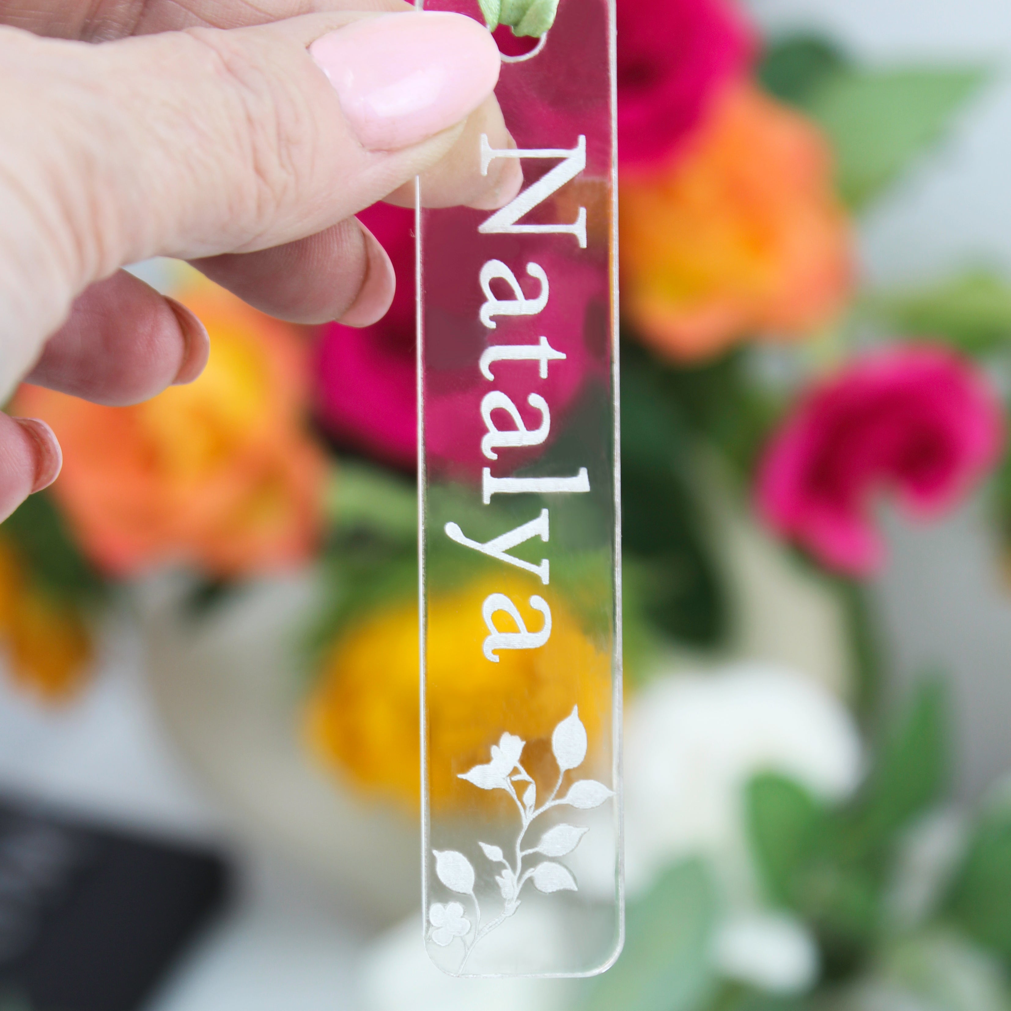 Engraved Clear Acrylic Name Tags – Slender Rectangle – 10cm x 1.5cm