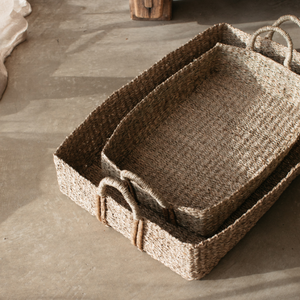 Set of 2 Rectangular Seagrass Basket Trays
