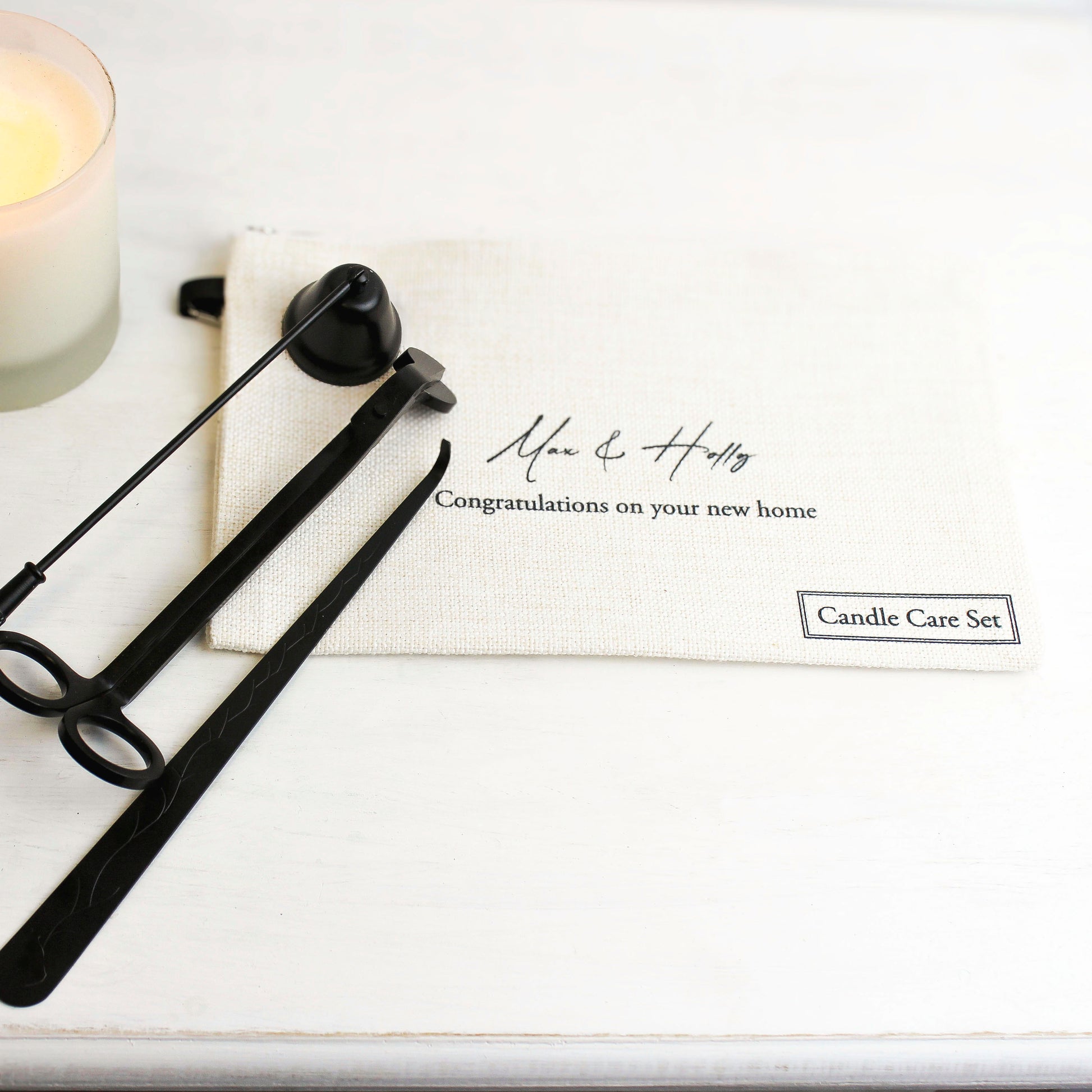 "Close-up of personalised candle care tools in a sleek matt black finish, perfect for maintaining the beauty of your candles."