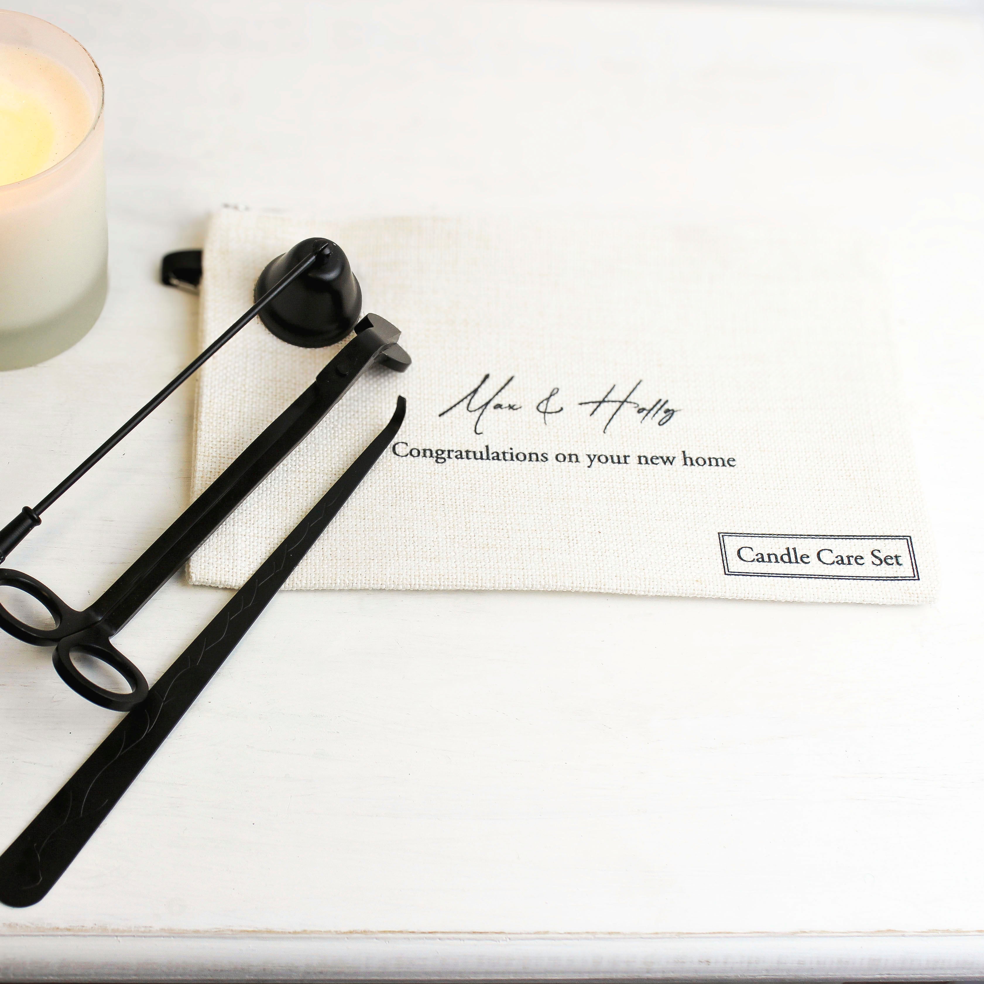 "Close-up of personalised candle care tools in a sleek matt black finish, perfect for maintaining the beauty of your candles."
