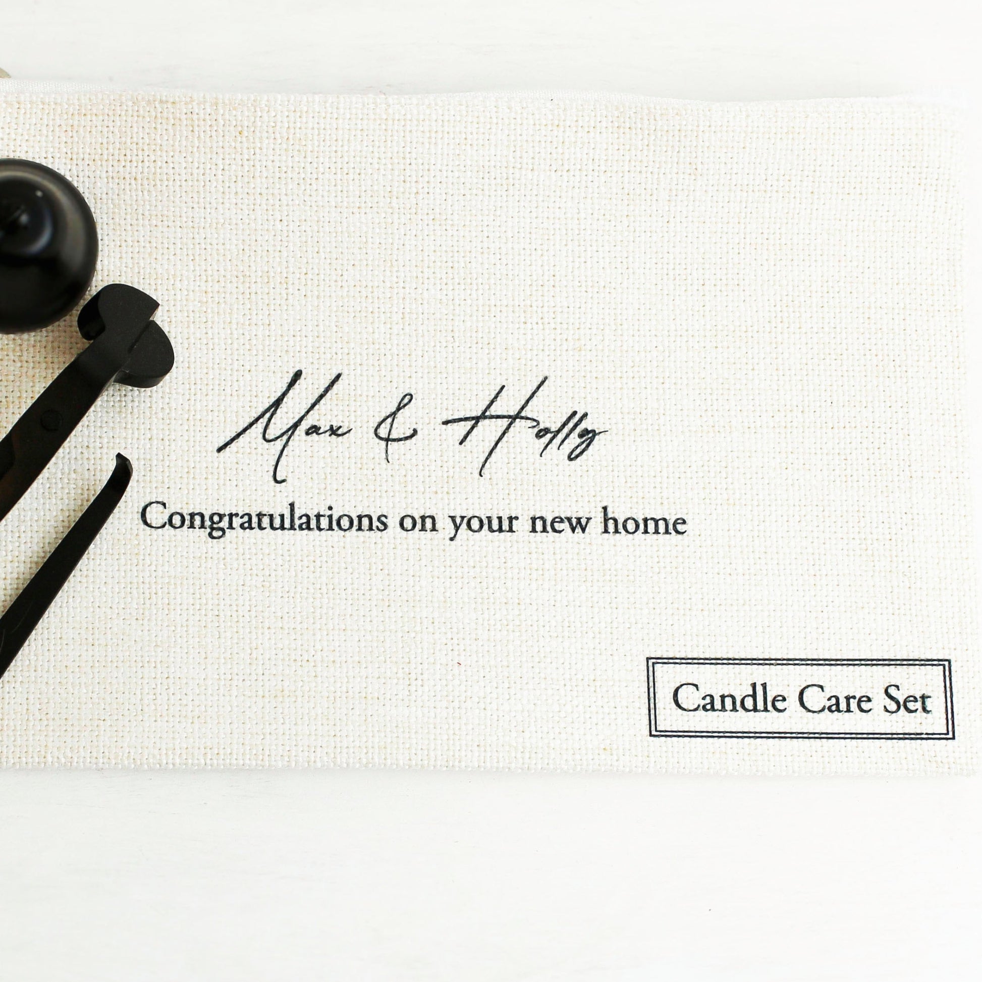 Stylish candle care tools with a personalised linen storage bag, ensuring your tools stay organised and your candles burn beautifully