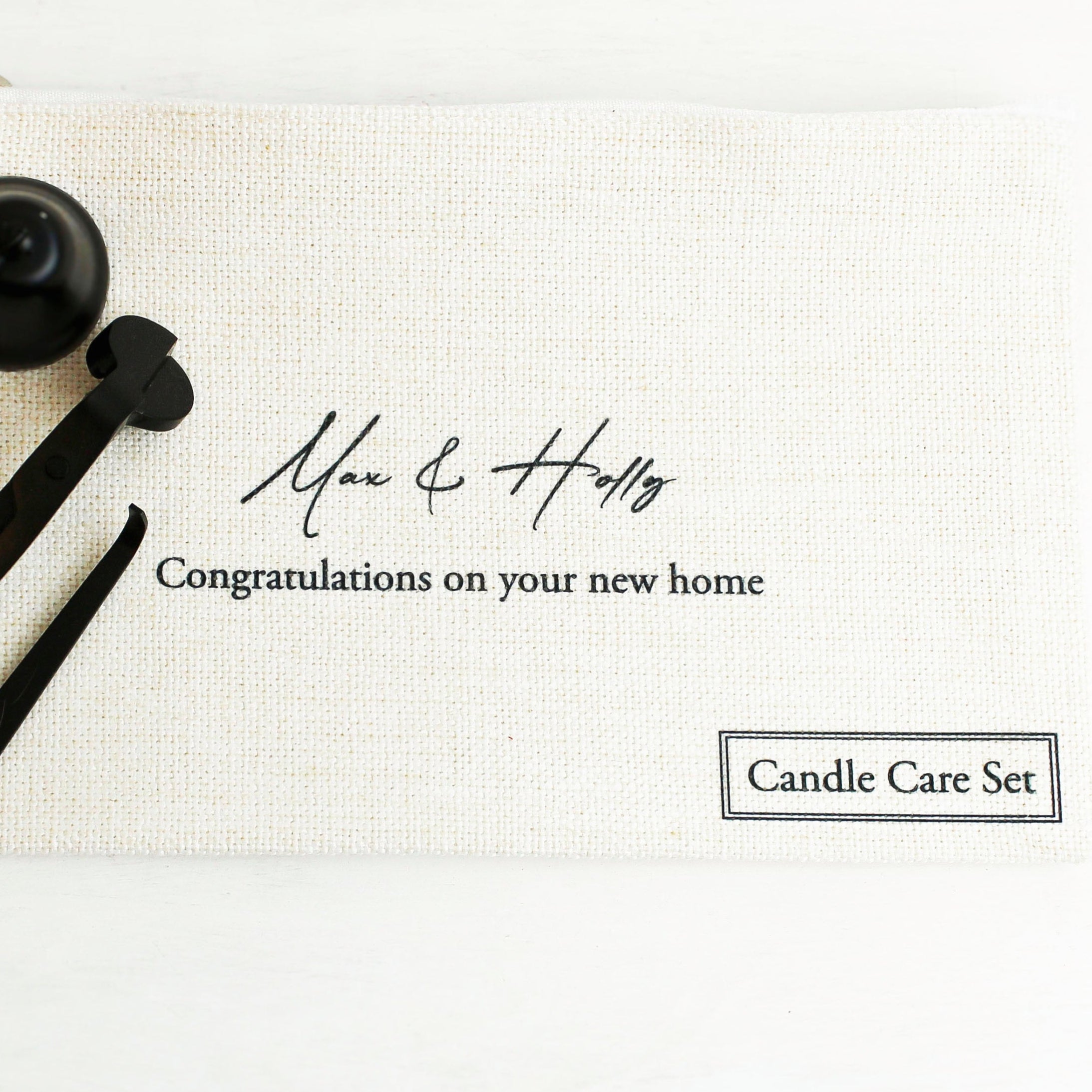 Stylish candle care tools with a personalised linen storage bag, ensuring your tools stay organised and your candles burn beautifully