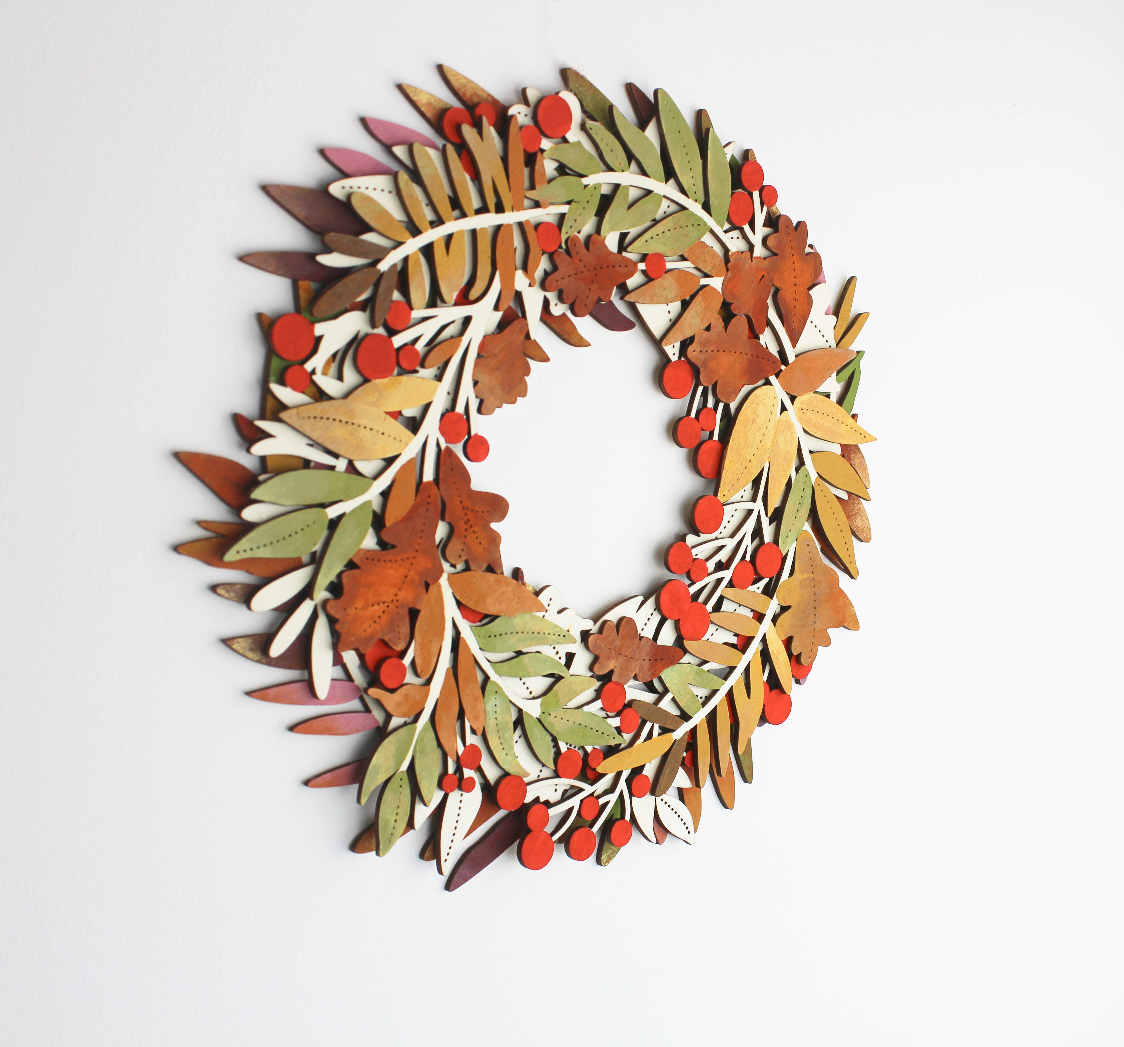 Hand painted Autumn Wooden Wreath – Rustic Wall Decor with Red Berries