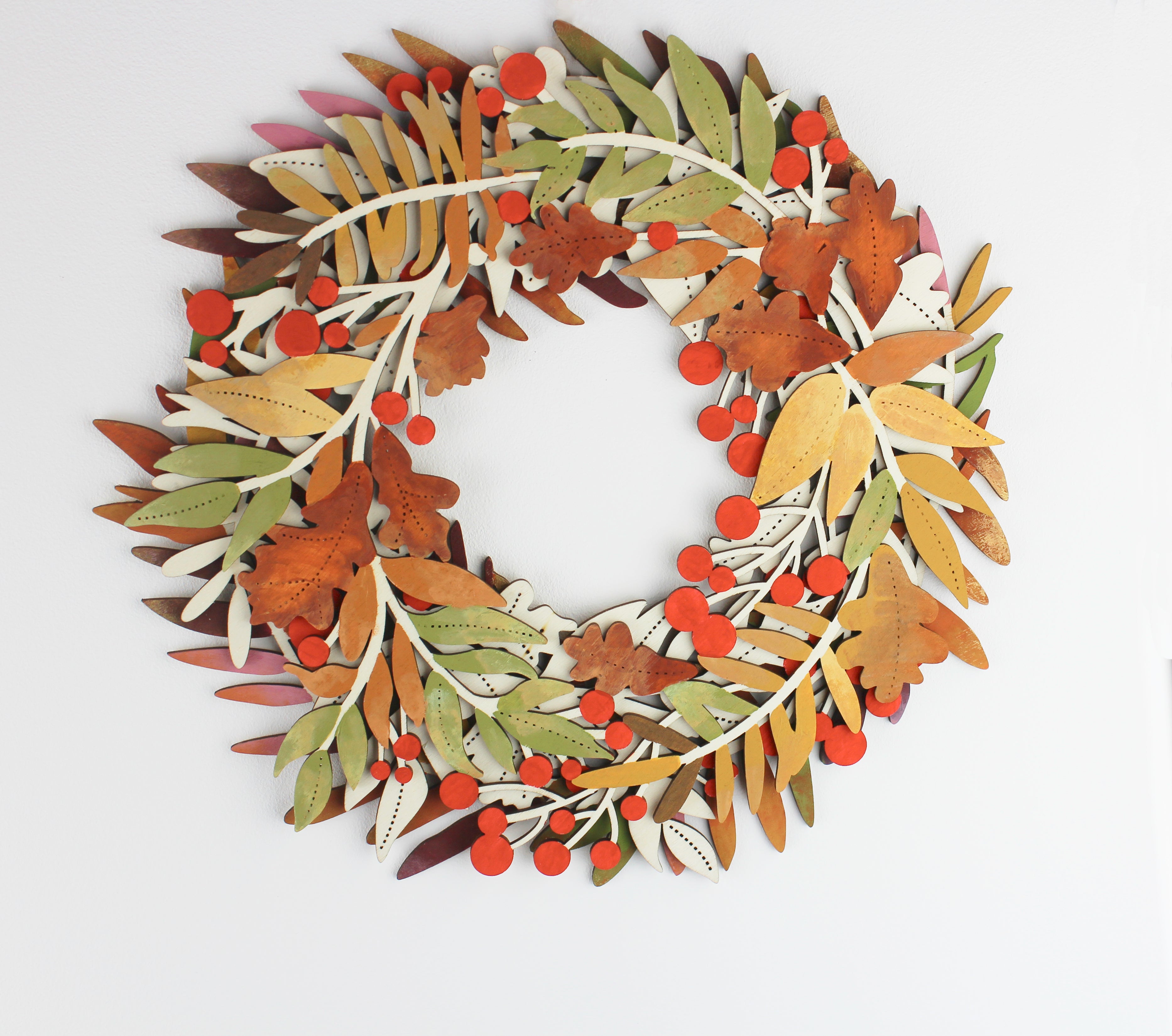 Hand painted Autumn Wooden Wreath – Rustic Wall Decor with Red Berries