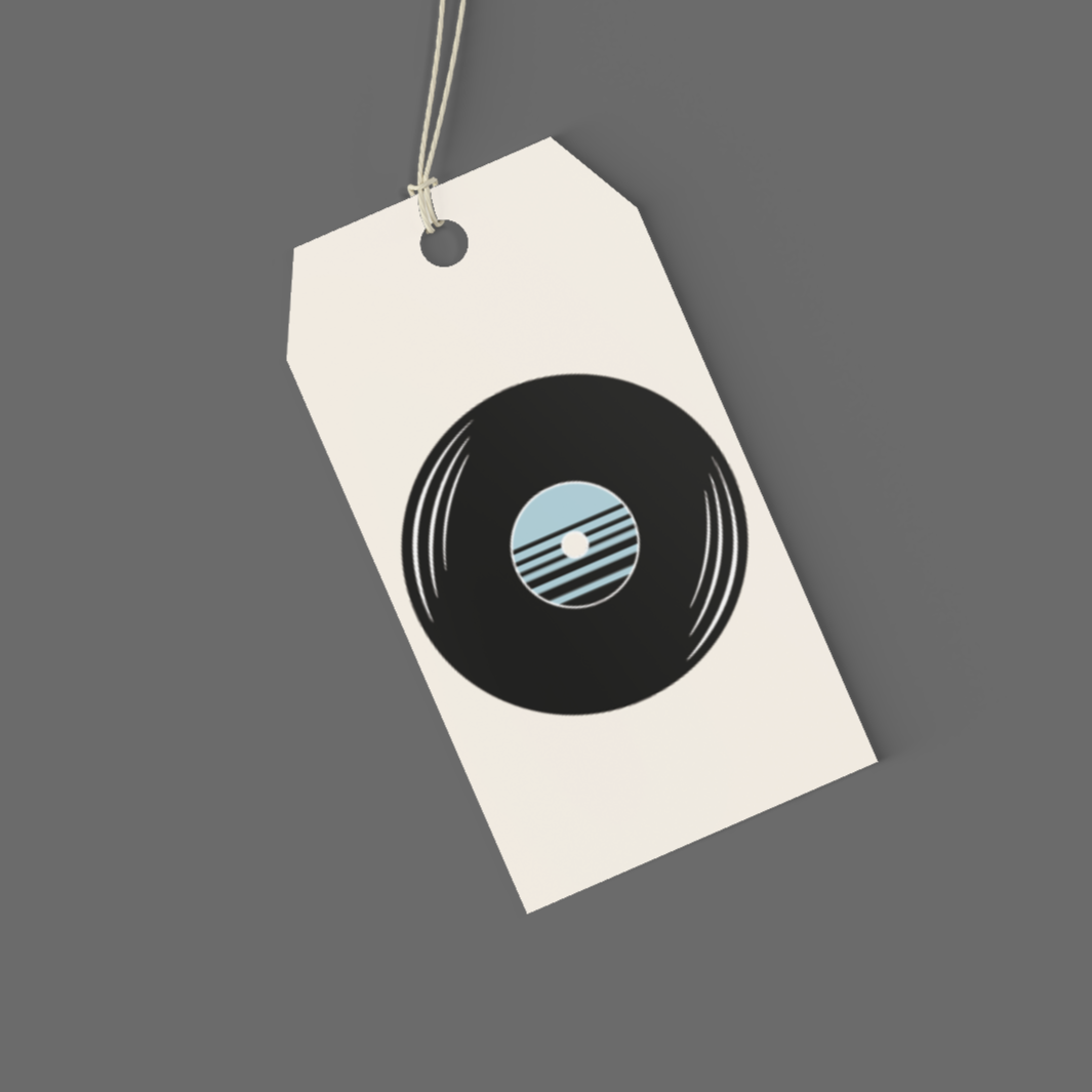 Cream tag with vinyl record design on a grey background