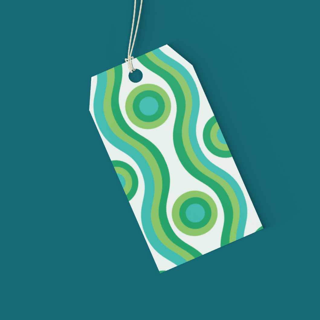 Decorative tag with green and white pattern on a teal background