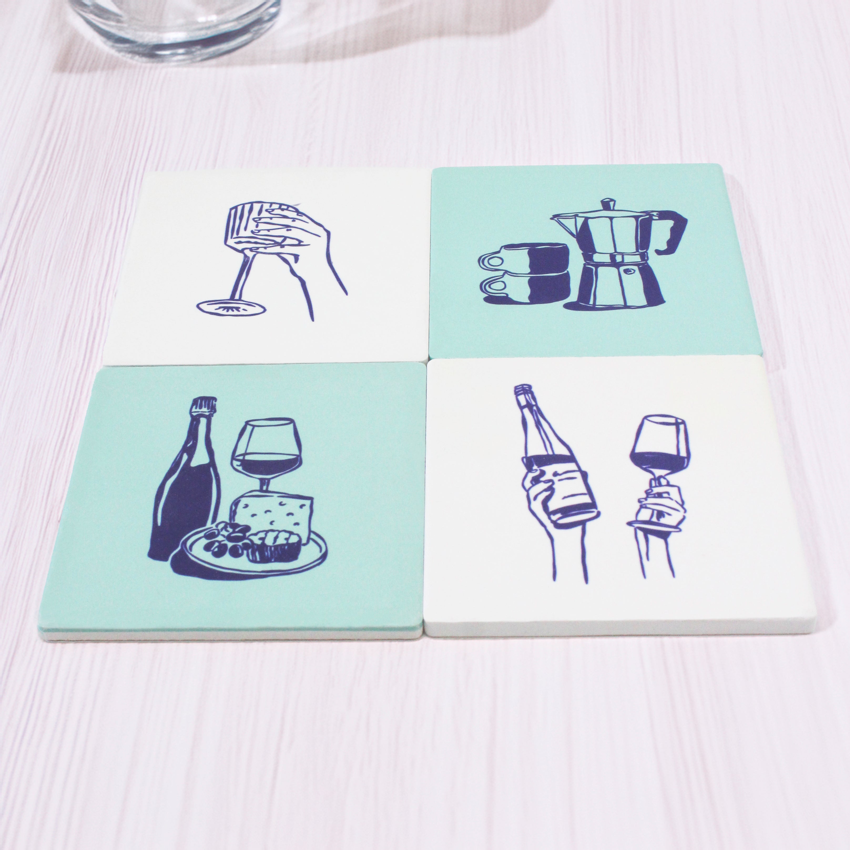 Wine, Cheese & Coffee Ceramic Coasters
