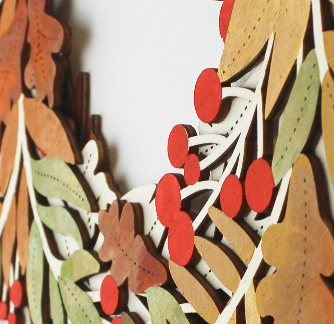 Hand painted Autumn Wooden Wreath – Rustic Wall Decor with Red Berries