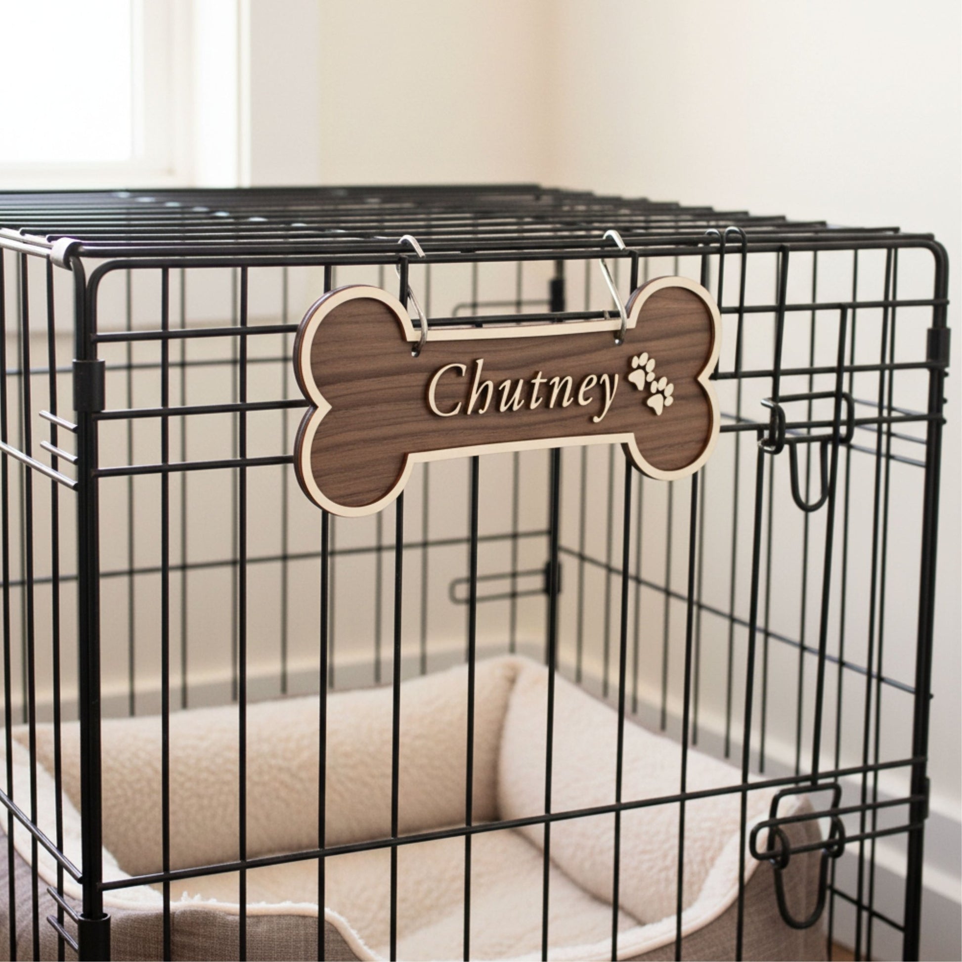 Personalised Dog Bone Sign | Solid Wood Pet Name Plaque | Walnut & Oak - Mac and Lilly
