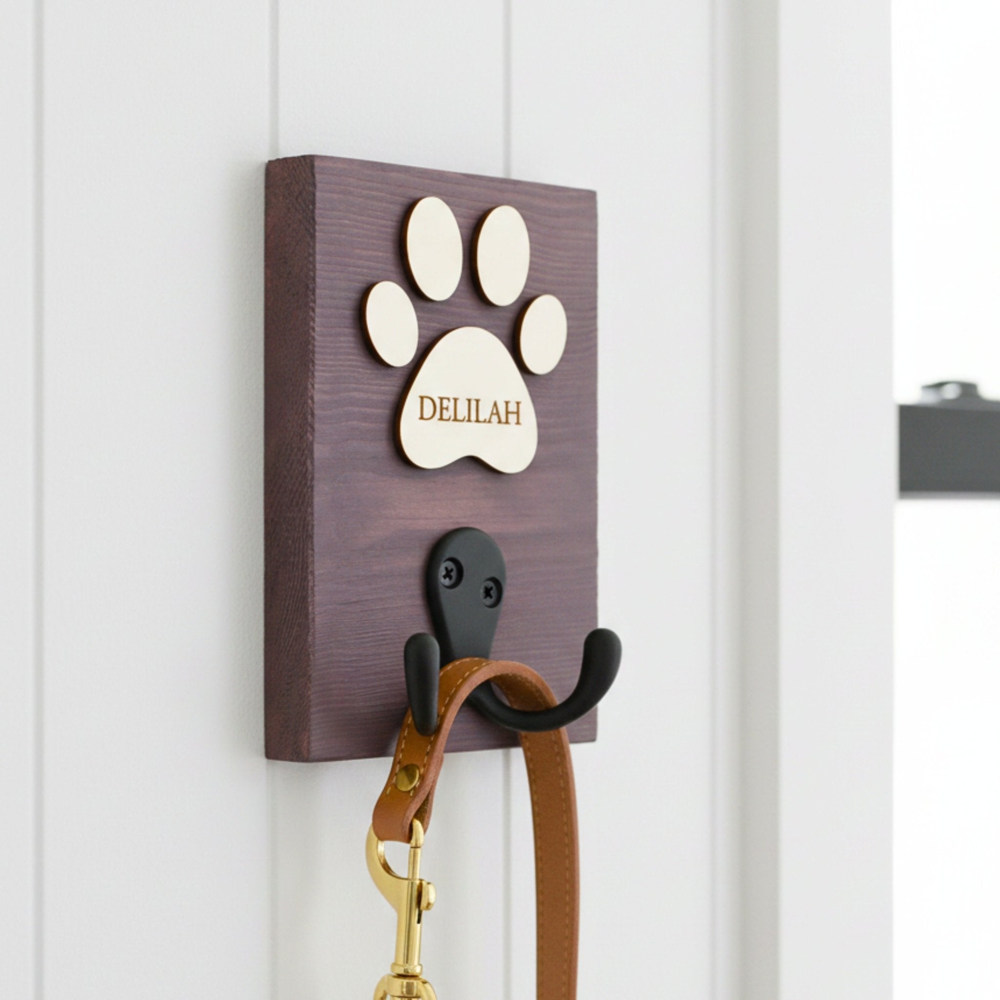 Personalised Dog Lead Hook | Paw Name Sign | Solid Wood | Curated Colours - Mac and Lilly
