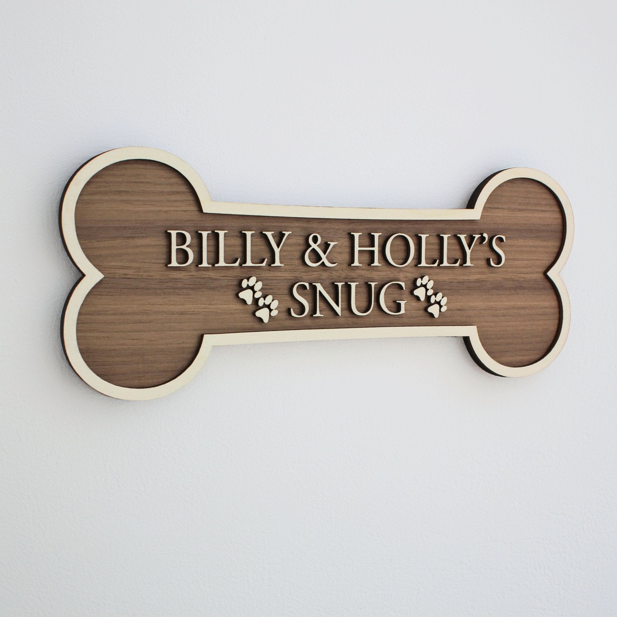 Personalised Dog Bone Sign | Solid Wood Pet Name Plaque | Walnut & Oak - Mac and Lilly
