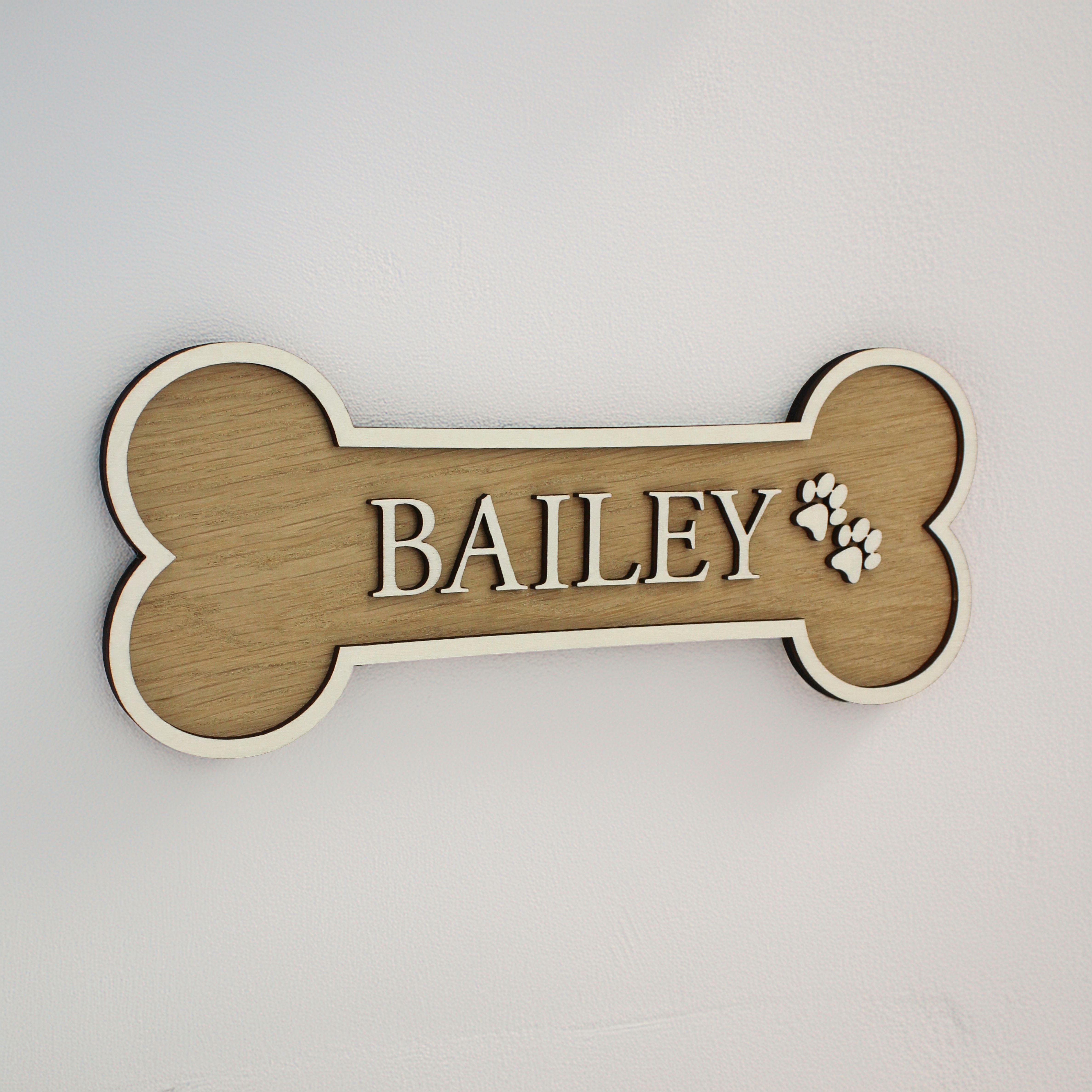 Personalised Dog Bone Sign | Solid Wood Pet Name Plaque | Walnut & Oak