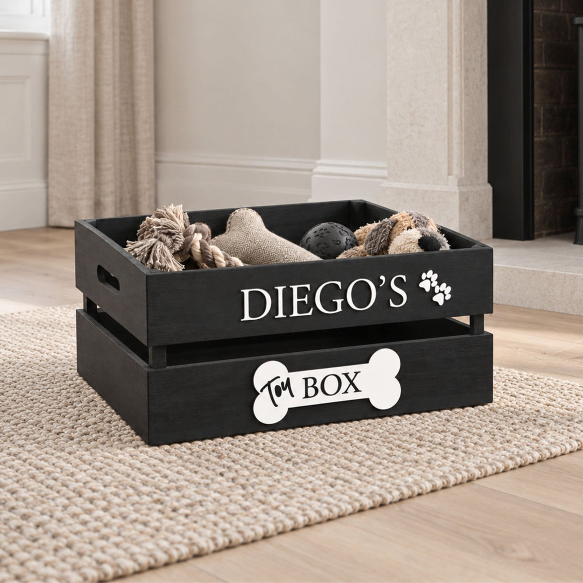 Black handcrafted wooden dog toy box with raised personalised name