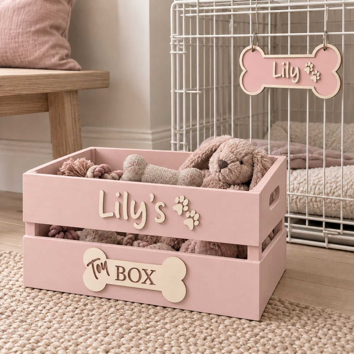 Pink personalised dog toy box with matching Lily dog crate sign