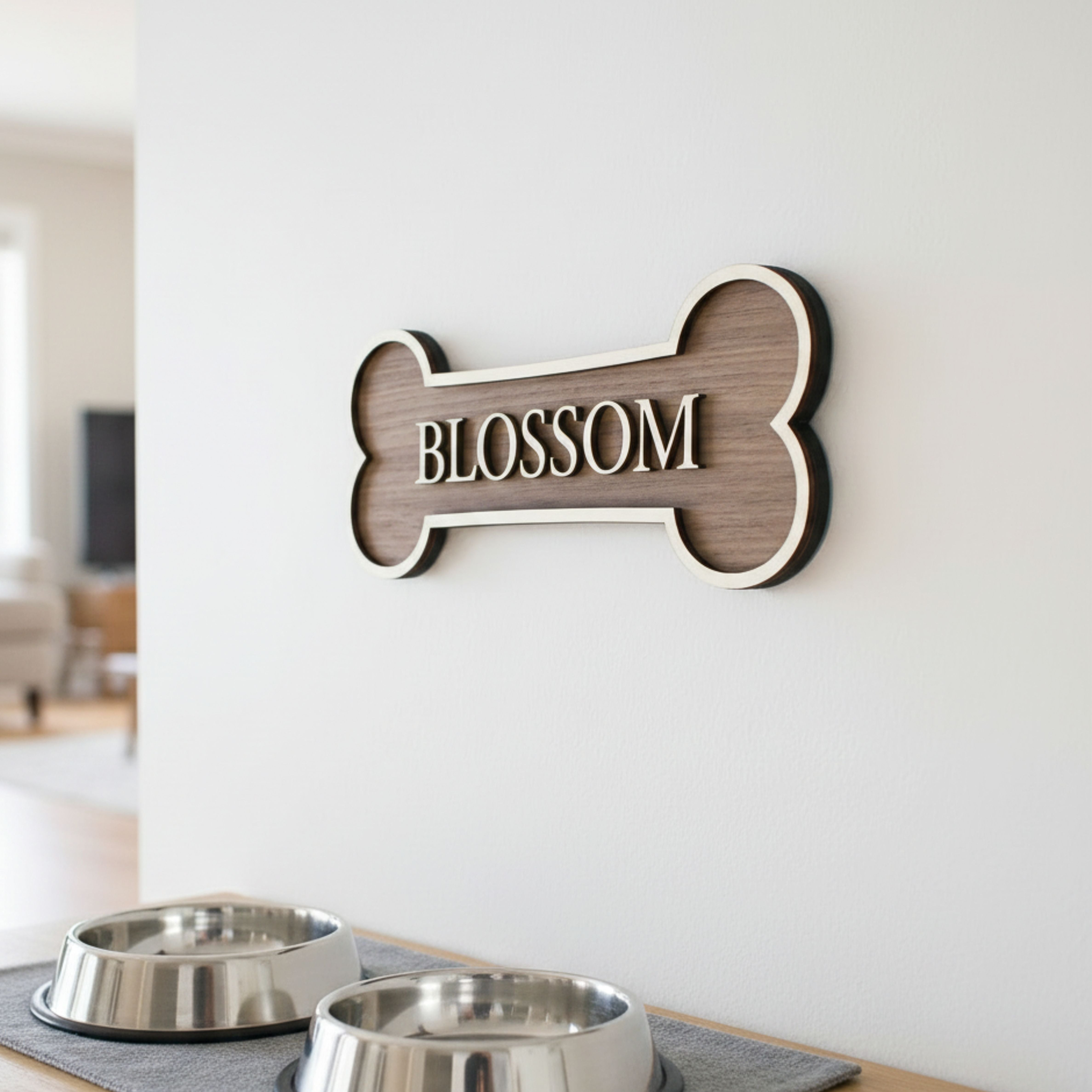 Personalised Dog Bone Sign | Solid Wood Pet Name Plaque | Walnut & Oak