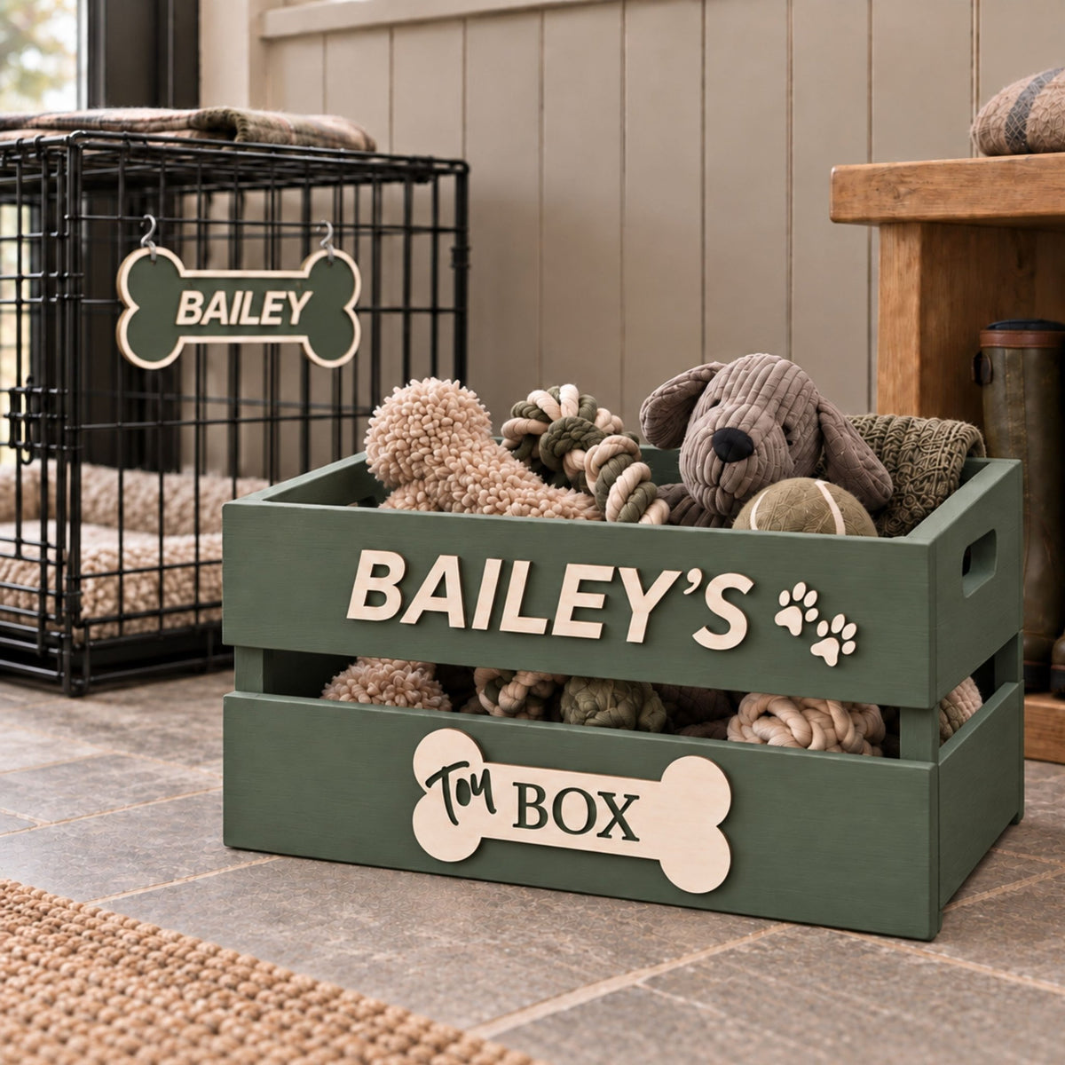 Personalised Wooden Dog Toy Box - Mac and Lilly