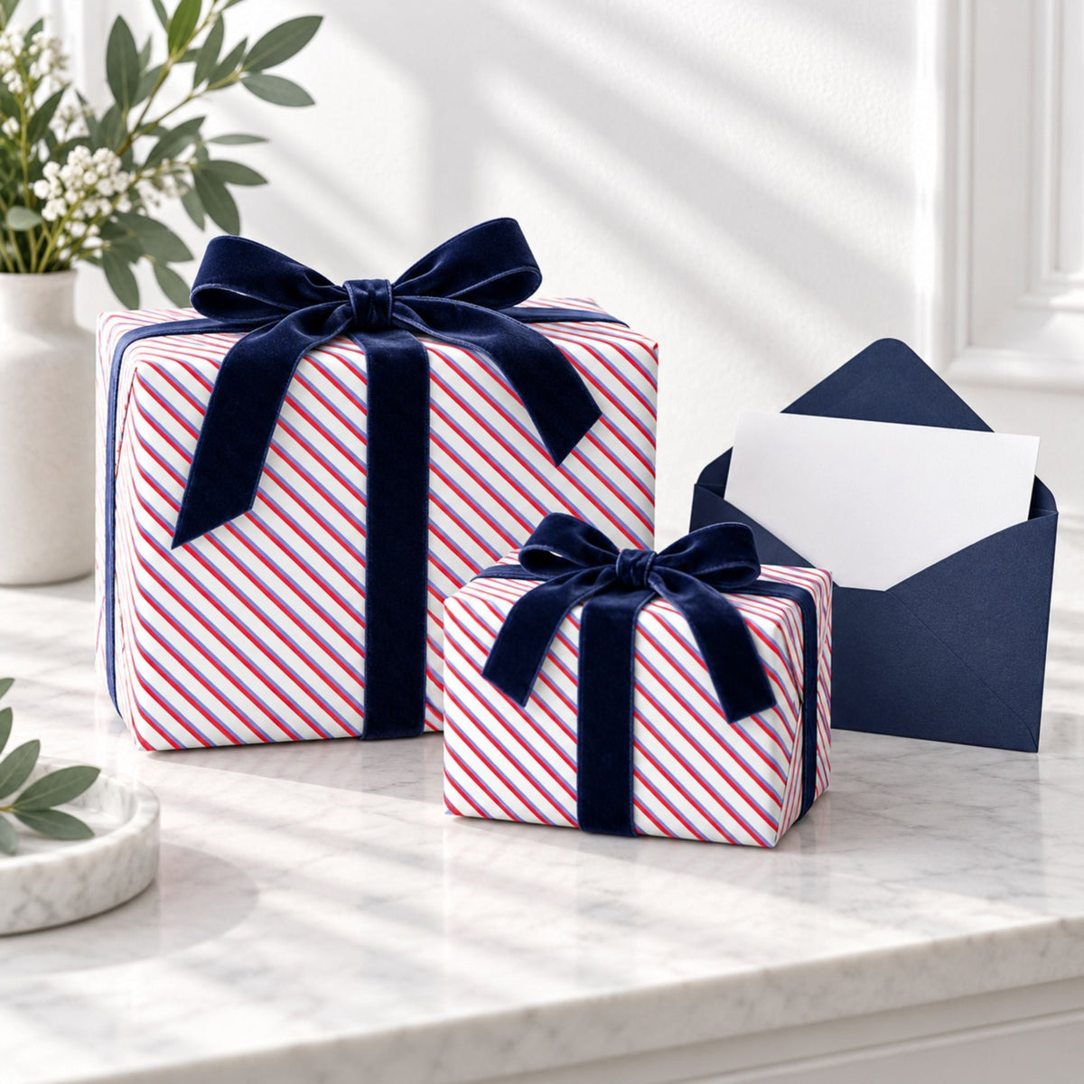 Red & Blue Stripe Wrapping Paper | Large 50 × 85cm Sheets | 140gsm | Matching Gift Tags - Mac and Lilly