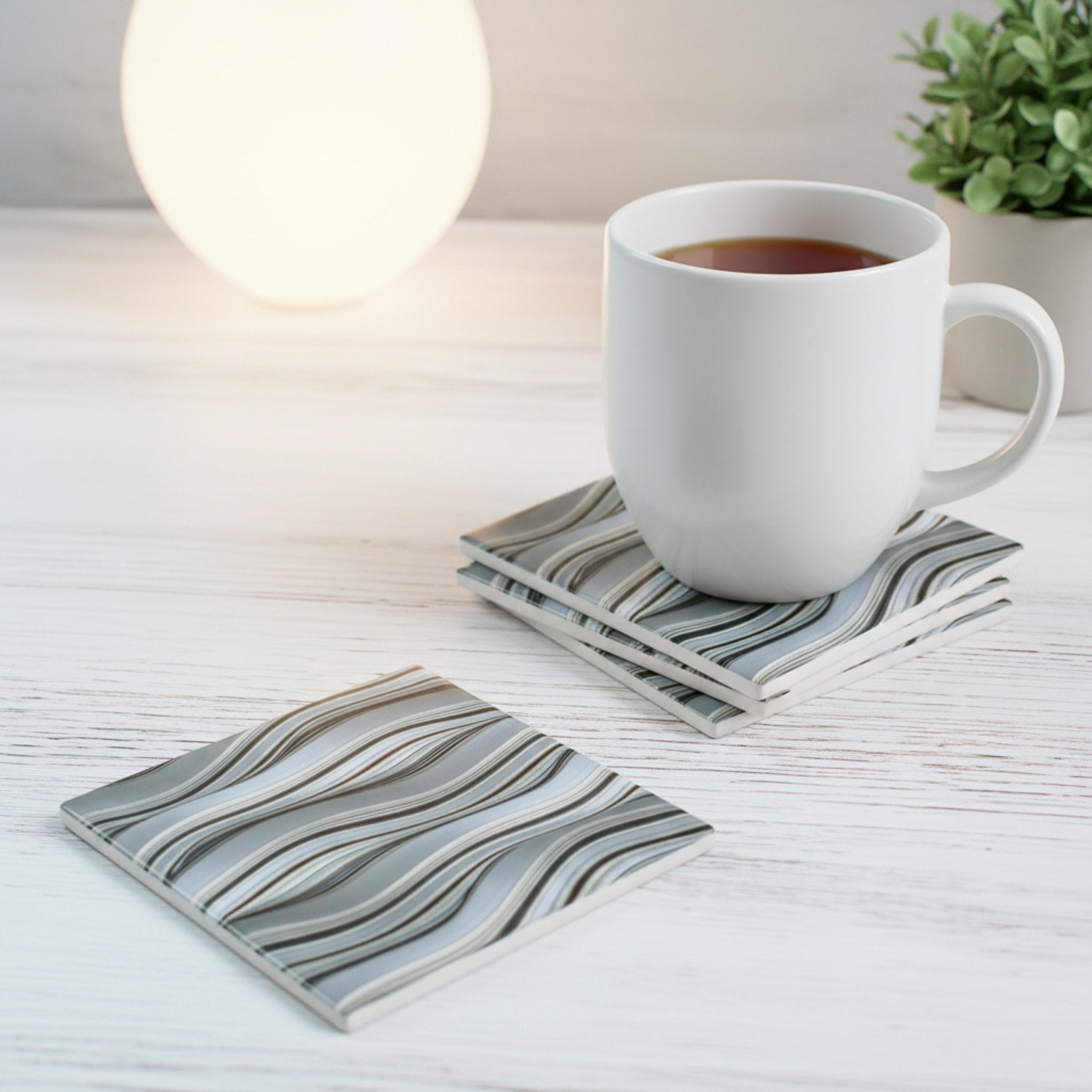 Grey Waves Pattern Ceramic Coaster – Set of 4 - Mac and Lilly