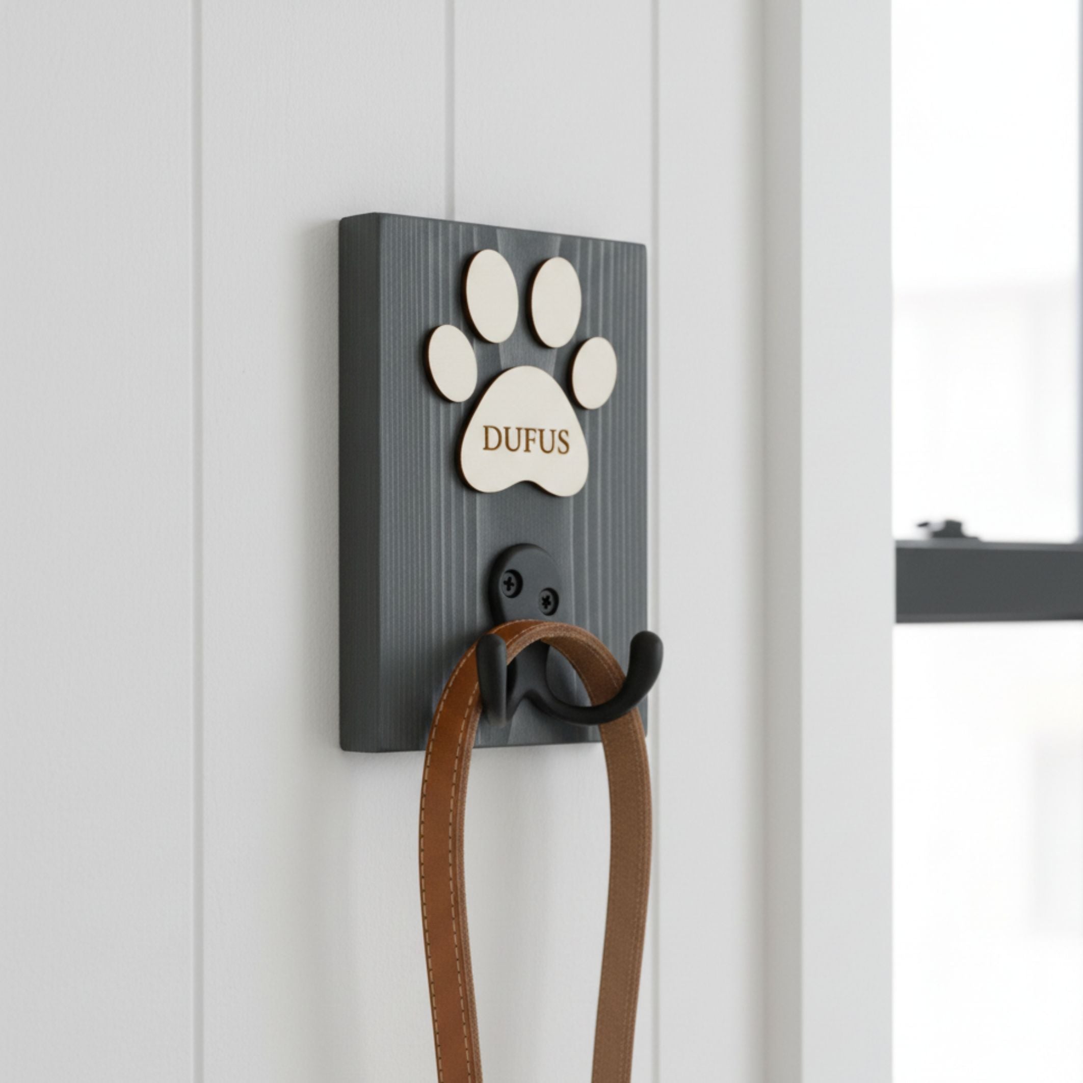 Personalised Dog Lead Hook | Paw Name Sign | Solid Wood | Curated Colours - Mac and Lilly