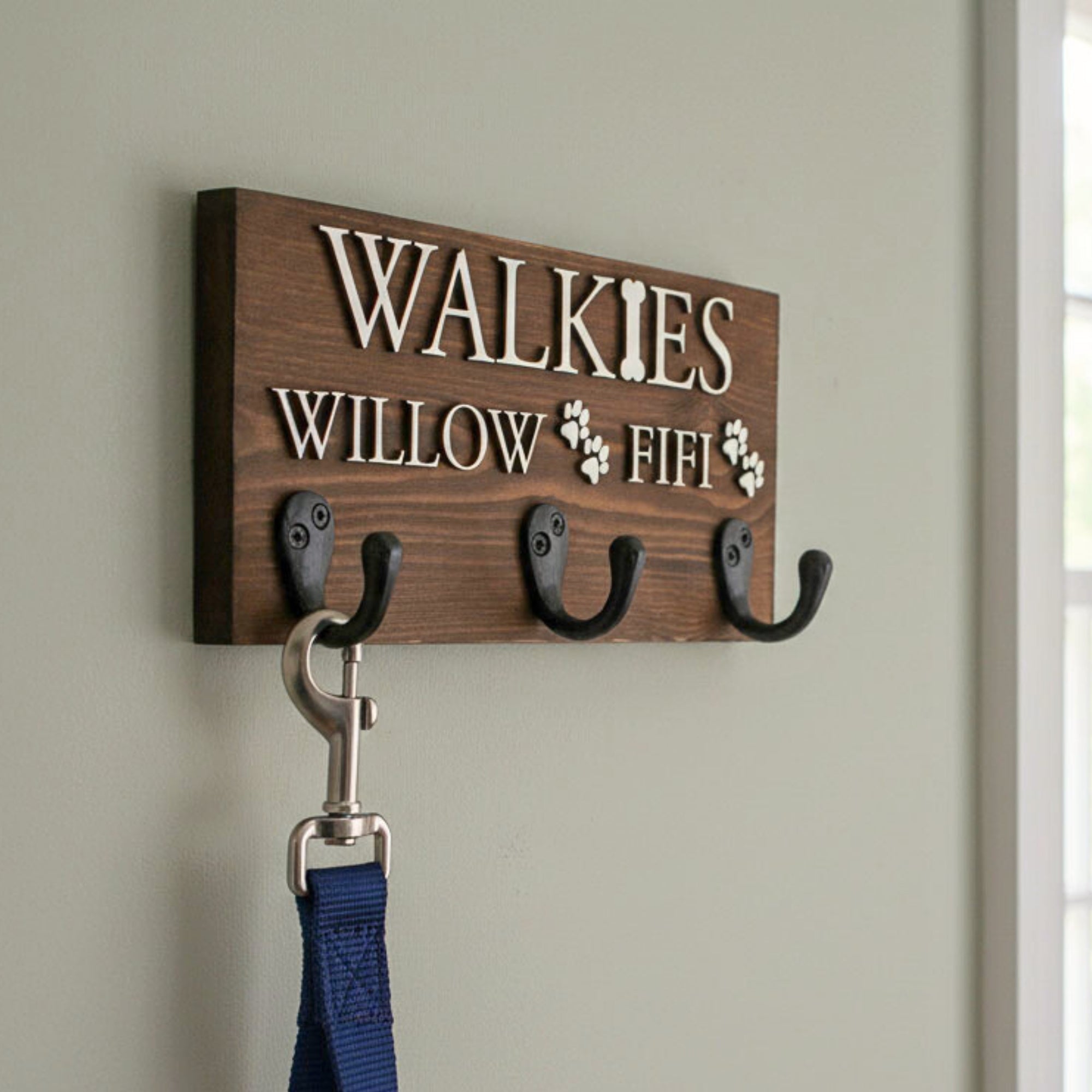 Personalised Solid Wood Dog Lead Hook - Mac and Lilly