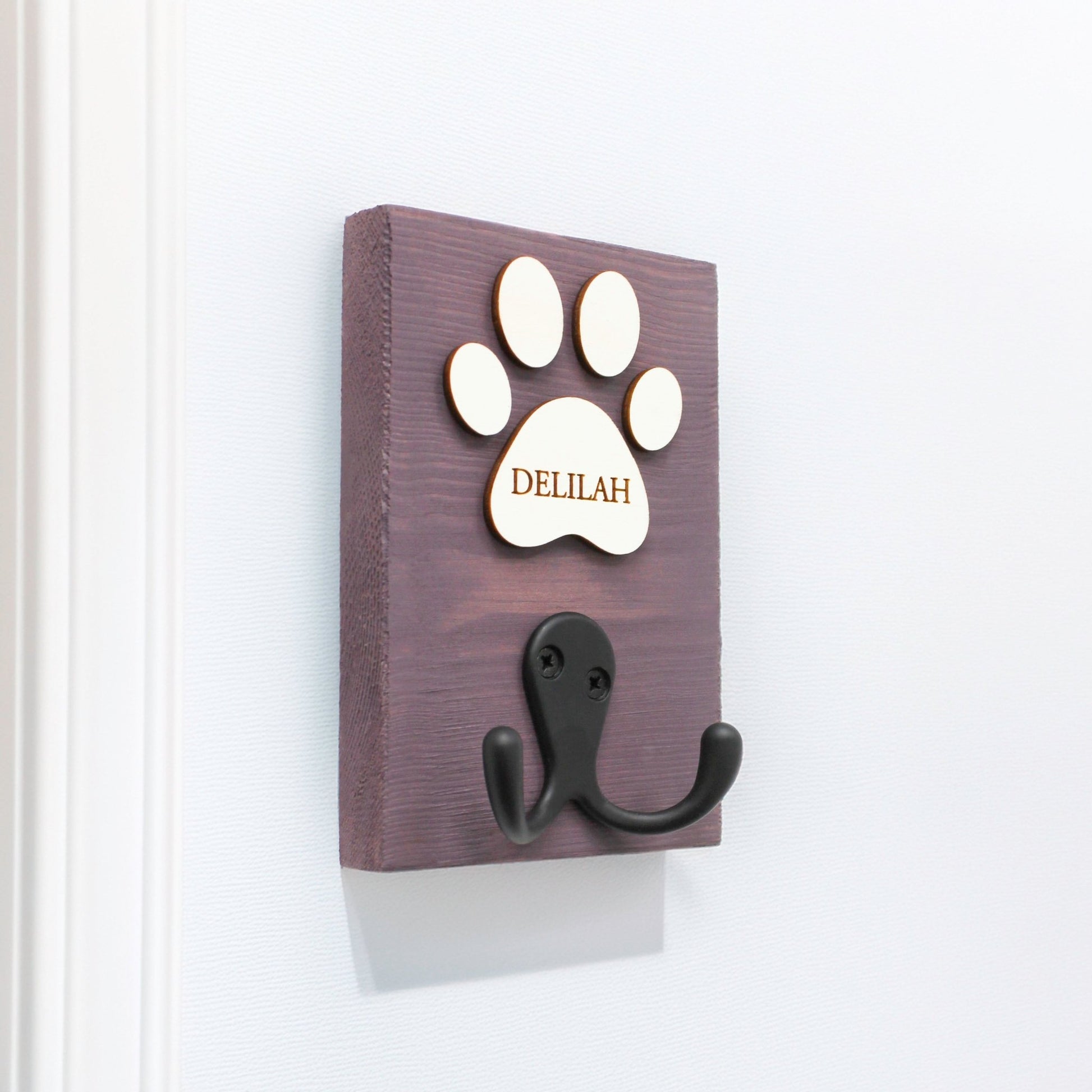 Personalised Single Dog Lead Hook Sign with Engraved Paw - Mac and Lilly