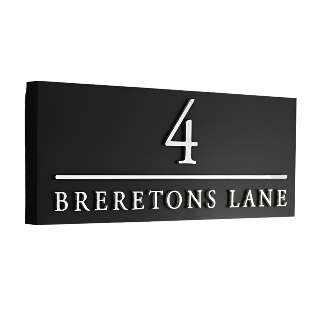 Weather-resistant matte black house sign with silver raised letters and a parallel dividing line for easy readability.