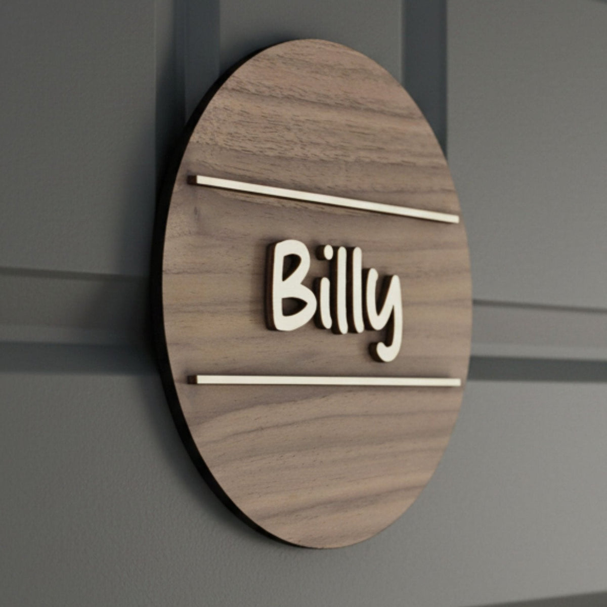 Personalised Round Door Plaque – Walnut or Oak Veneer - Mac and Lilly