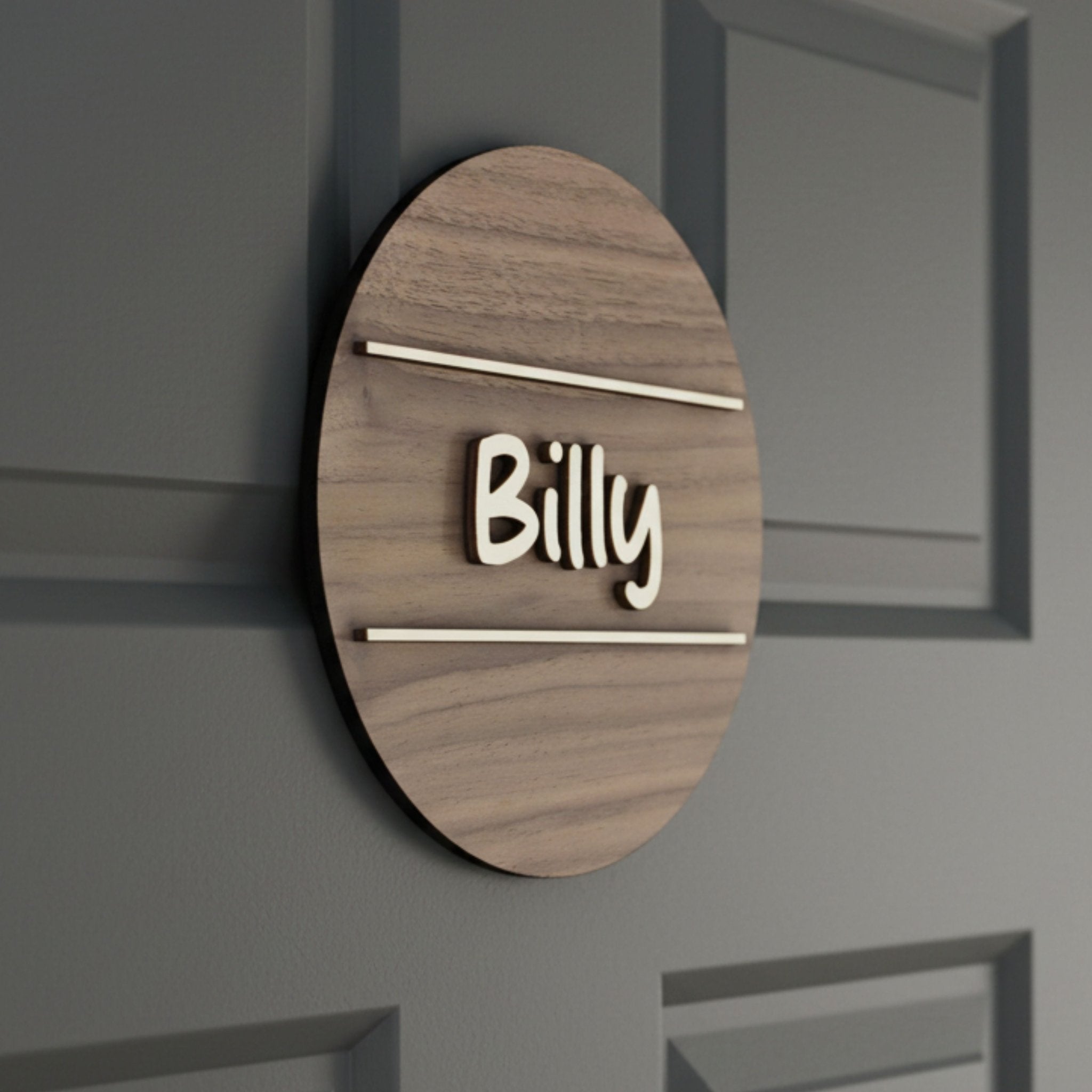 Personalised Round Door Plaque – Walnut or Oak Veneer - Mac and Lilly