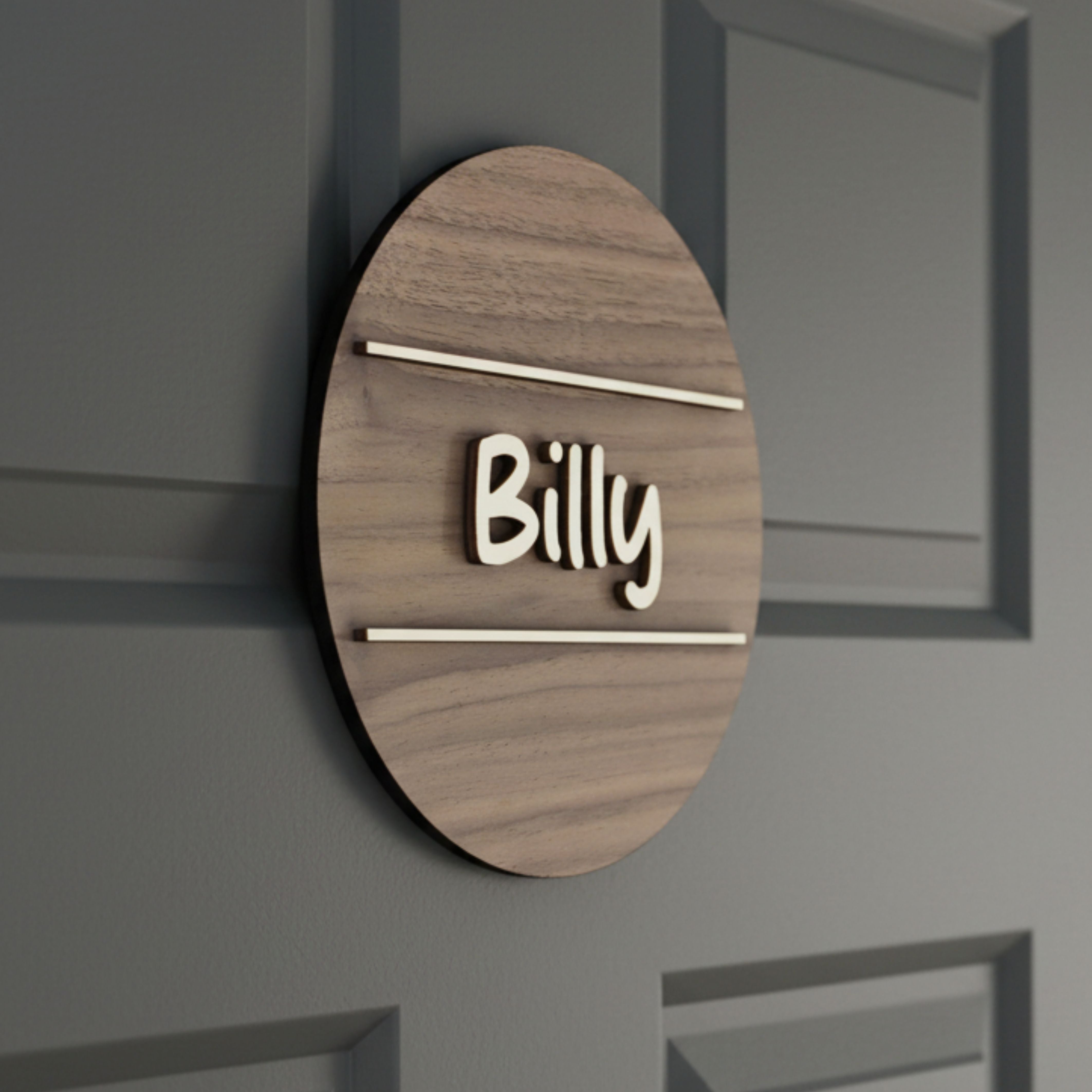Personalised Round Door Plaque – Walnut or Oak Veneer