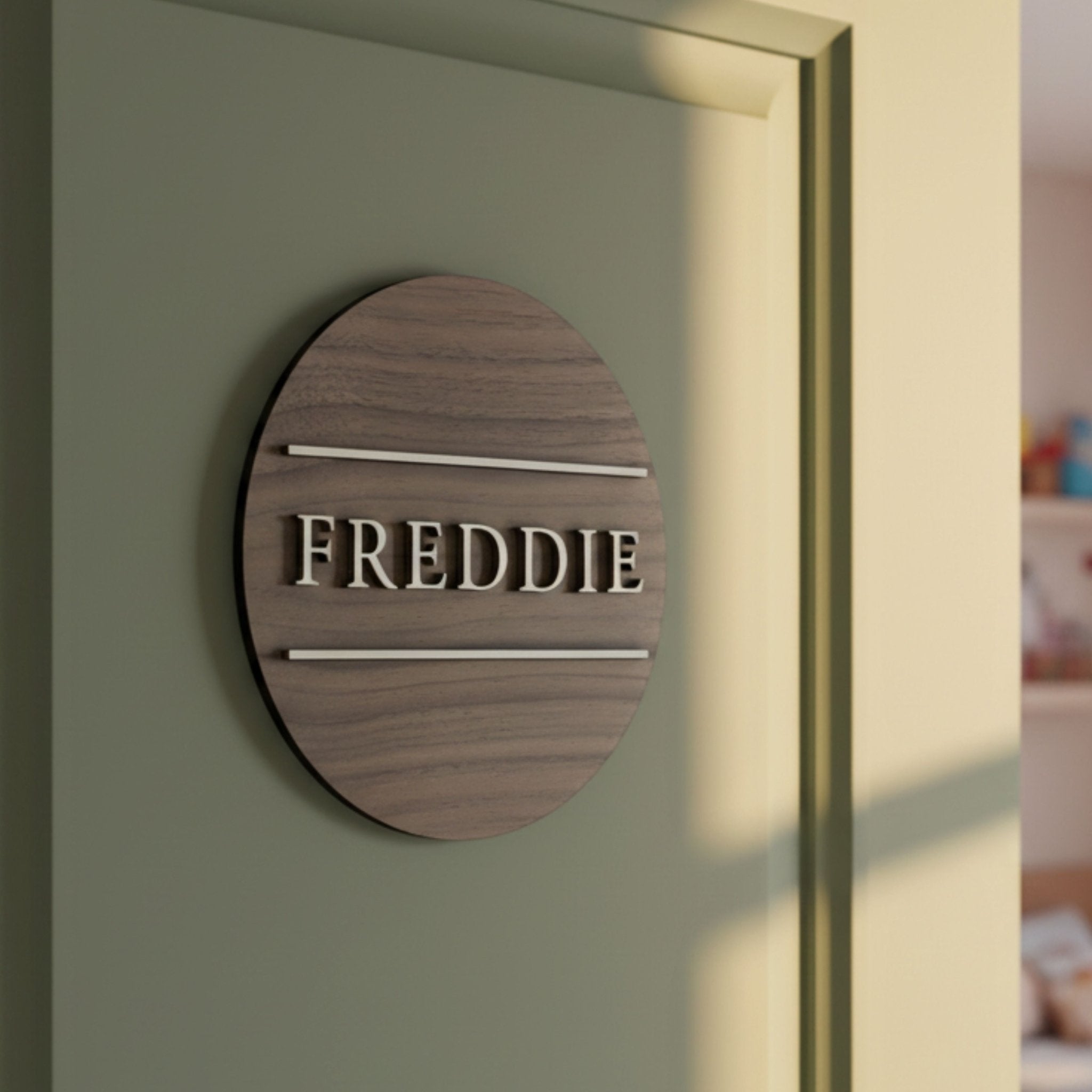 Personalised Round Door Plaque – Walnut or Oak Veneer - Mac and Lilly