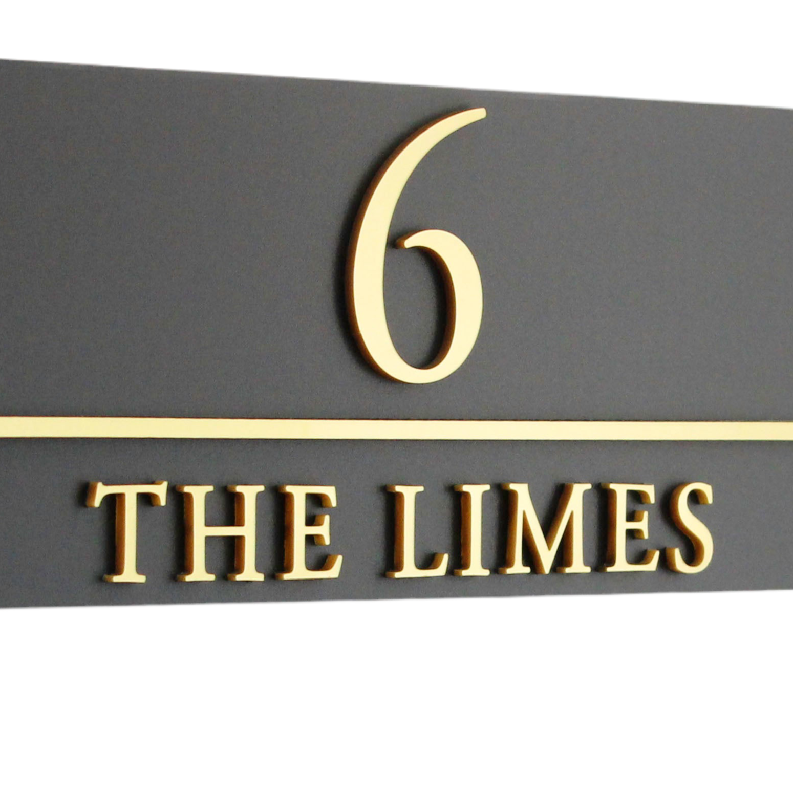 Elegant house sign with raised three-dimensional lettering in gold, silver, or wood effect for added visibility.