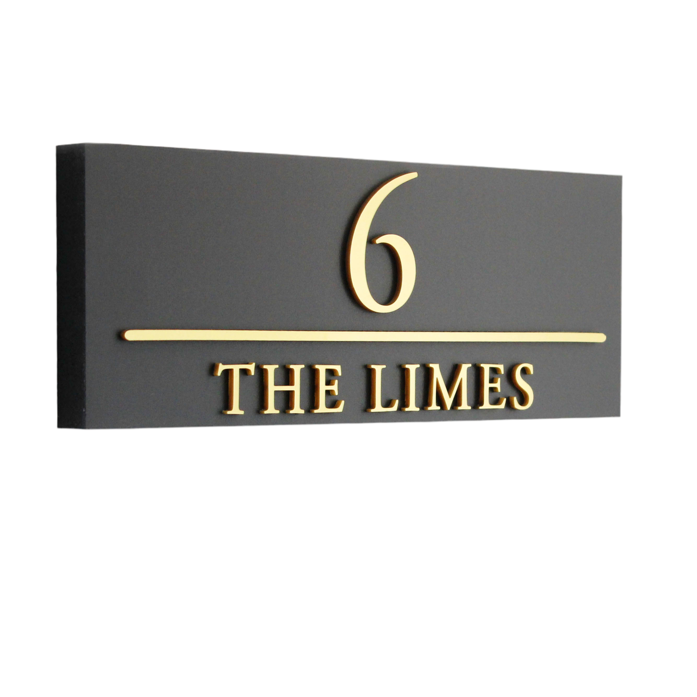 Elegant house sign with raised three-dimensional lettering in gold, silver, or wood effect for added visibility.