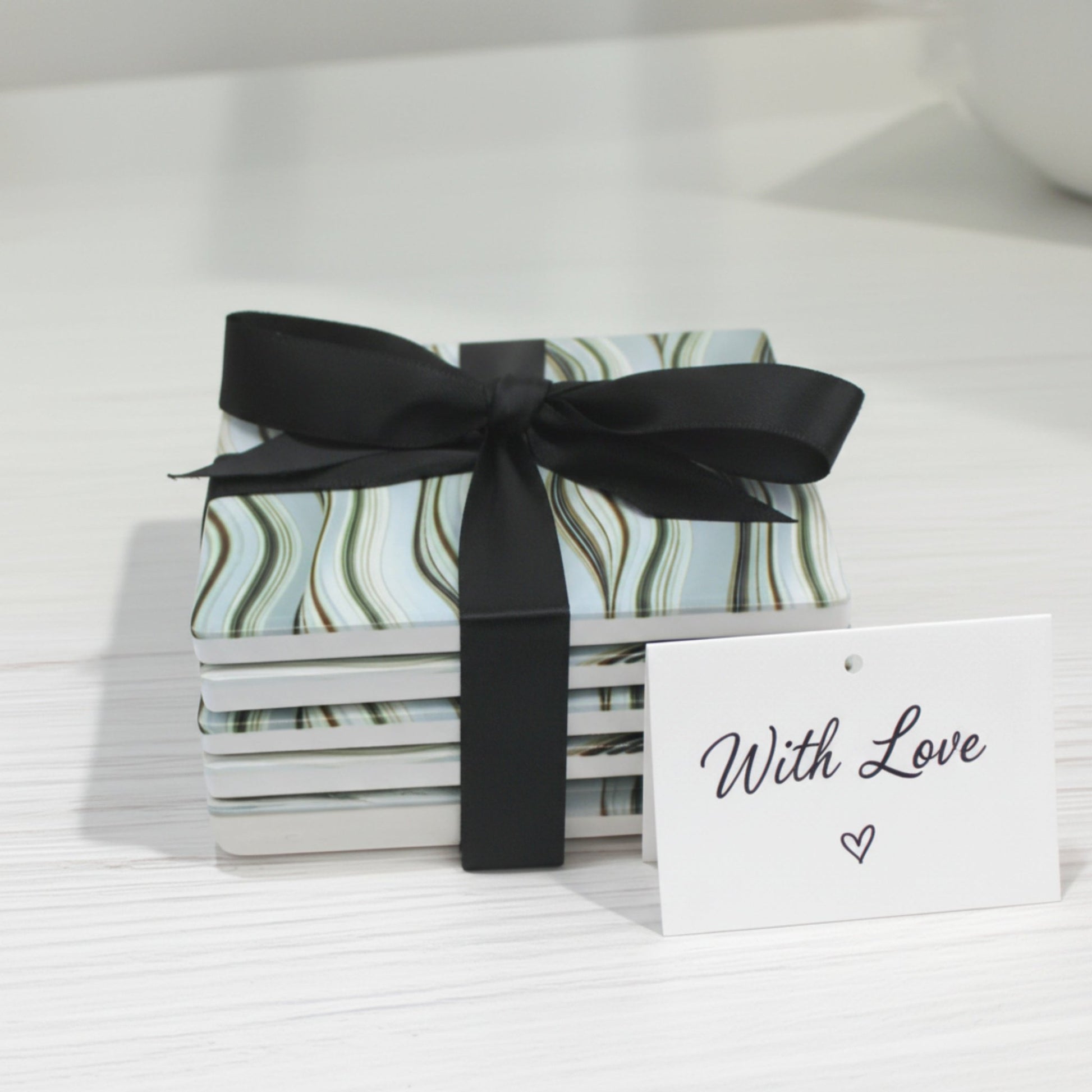 Grey Waves Pattern Ceramic Coaster – Set of 4 - Mac and Lilly