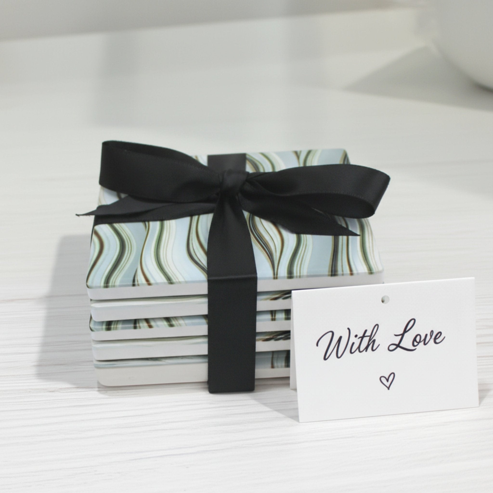 Grey Waves Pattern Ceramic Coaster – Set of 4 - Mac and Lilly