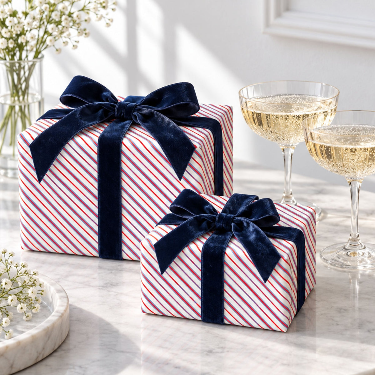 Red & Blue Stripe Wrapping Paper | Large 50 × 85cm Sheets | 140gsm | Matching Gift Tags - Mac and Lilly