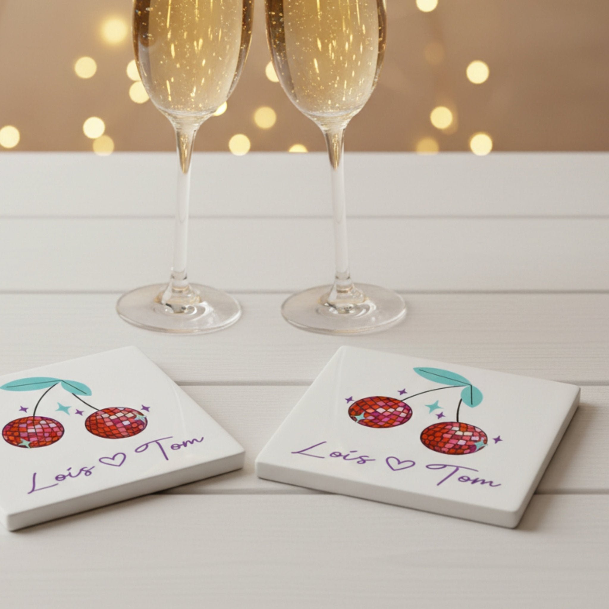 Personalised Disco Cherry Ceramic Coaster – Set of 2 or 4 - Mac and Lilly