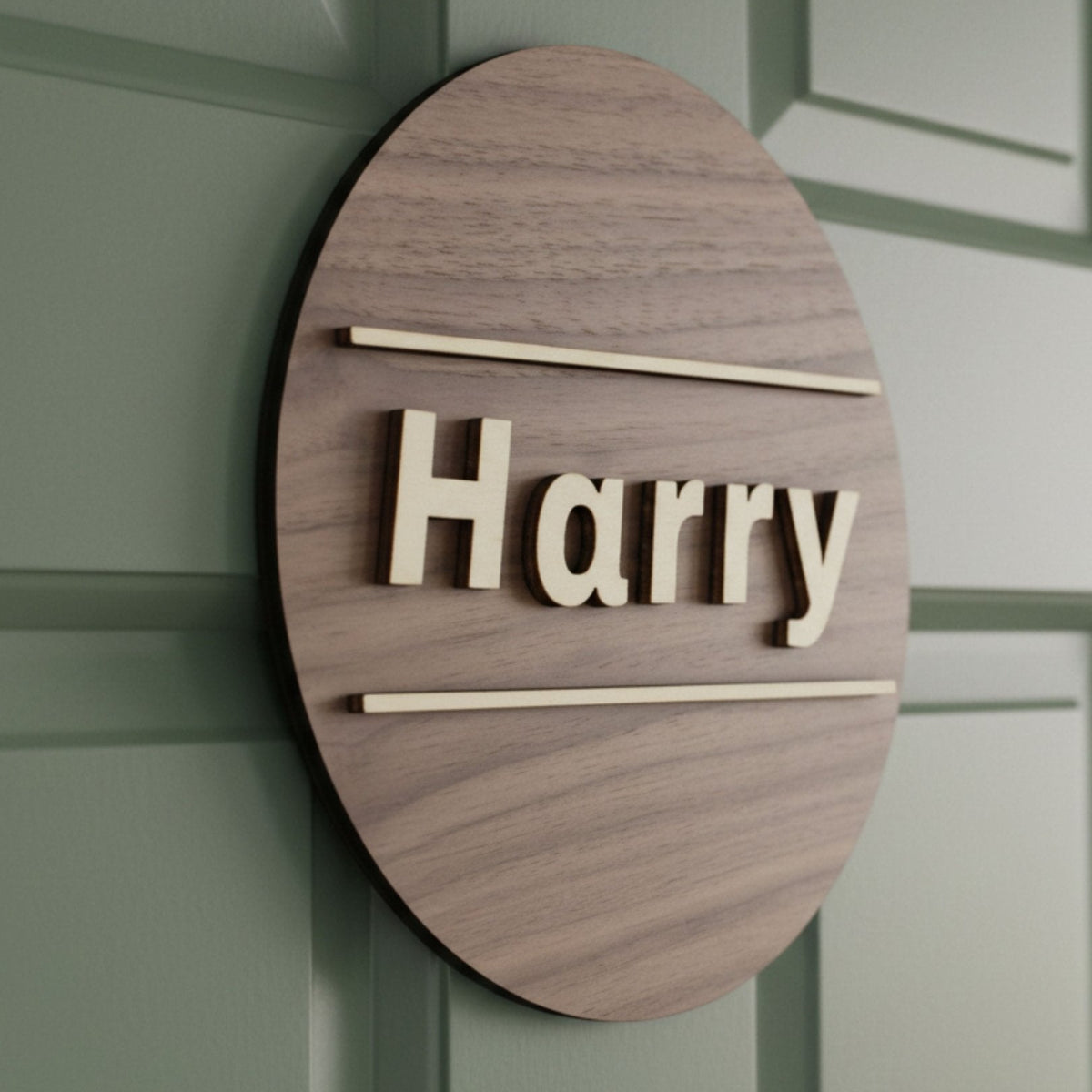 Personalised Round Door Plaque – Walnut or Oak Veneer - Mac and Lilly