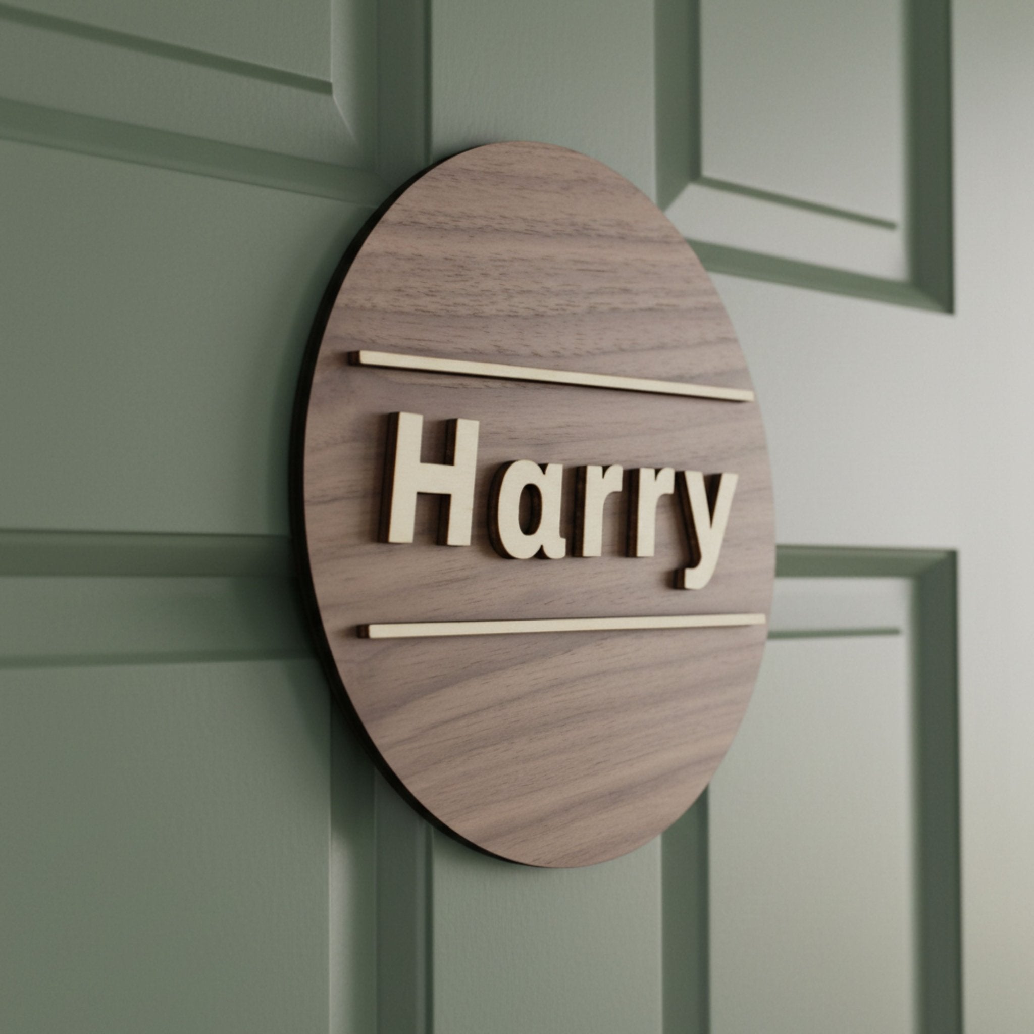 Personalised Round Door Plaque – Walnut or Oak Veneer - Mac and Lilly