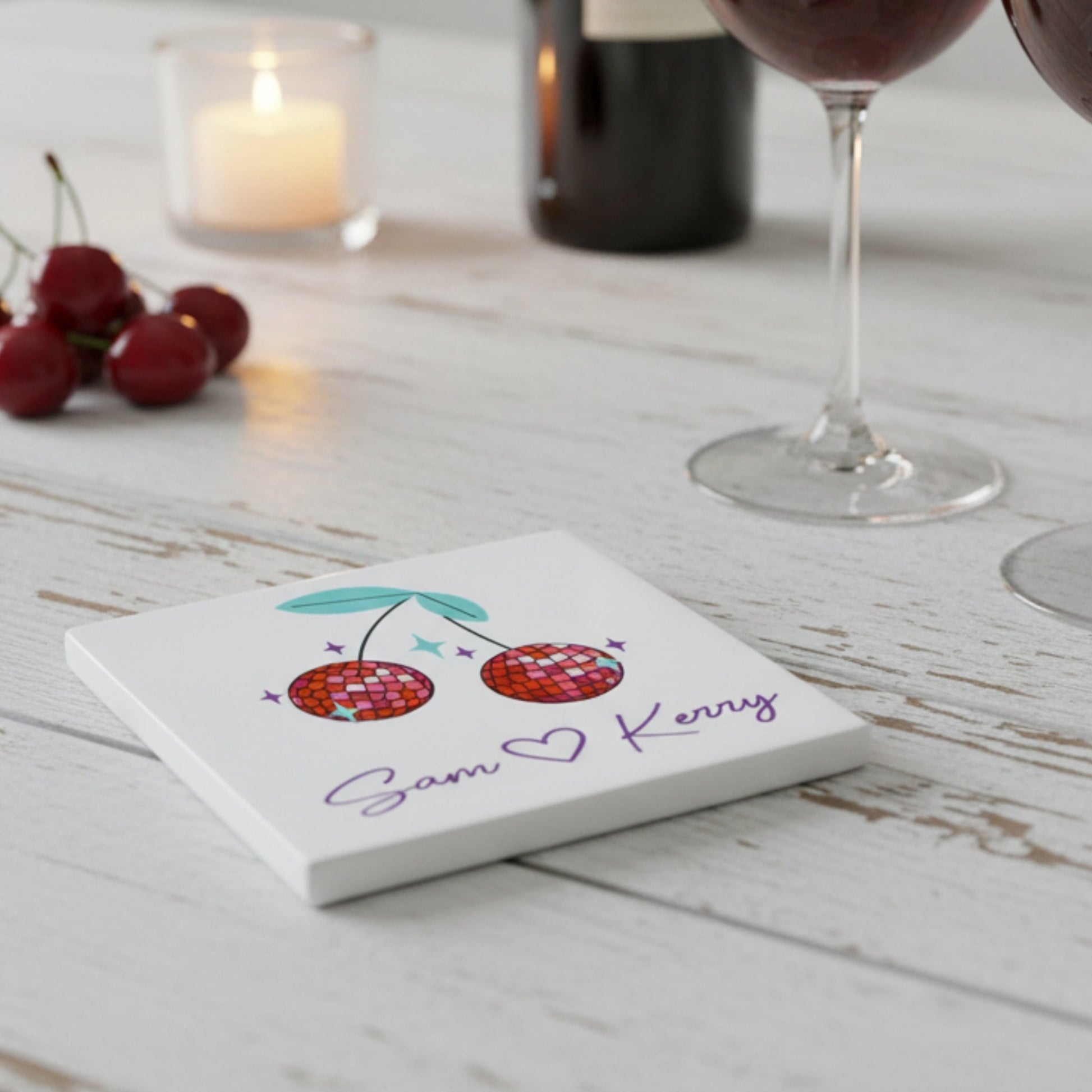 Personalised Disco Cherry Ceramic Coaster – Set of 2 or 4 - Mac and Lilly