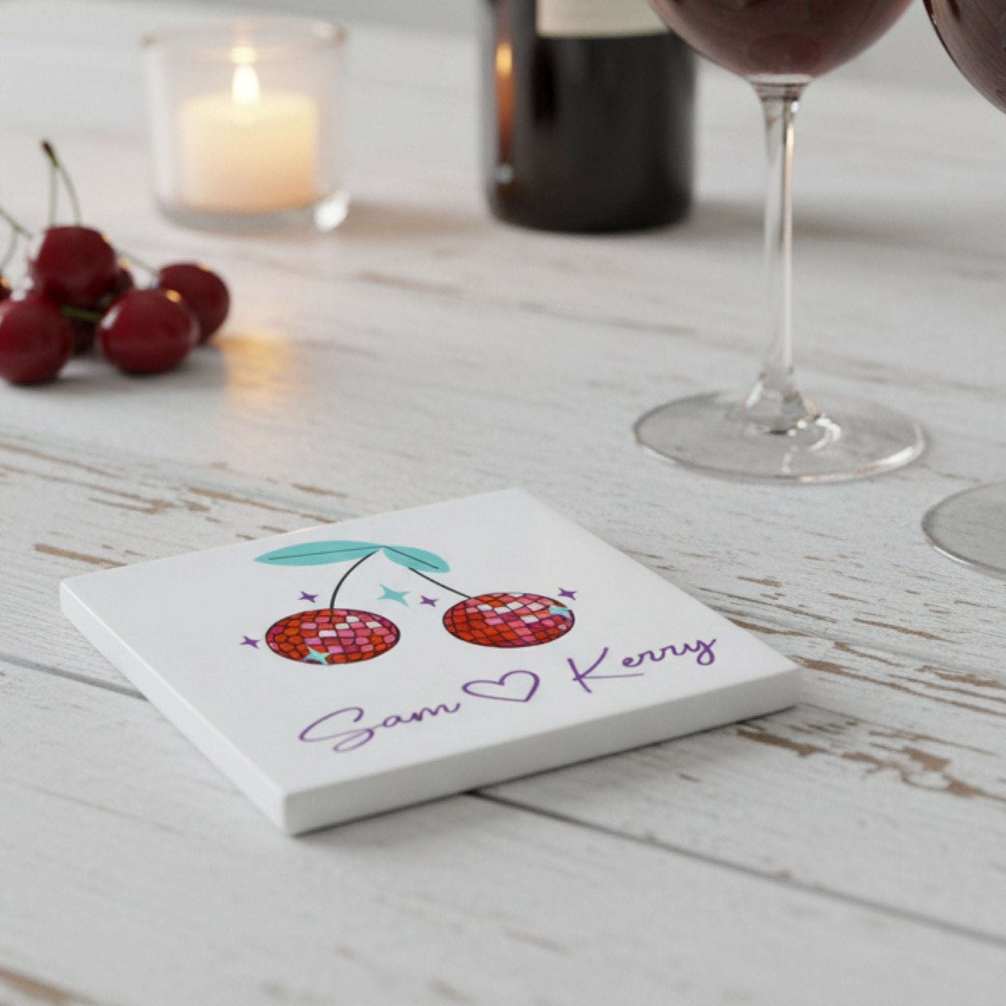 Personalised Disco Cherry Ceramic Coaster – Set of 2 or 4 - Mac and Lilly