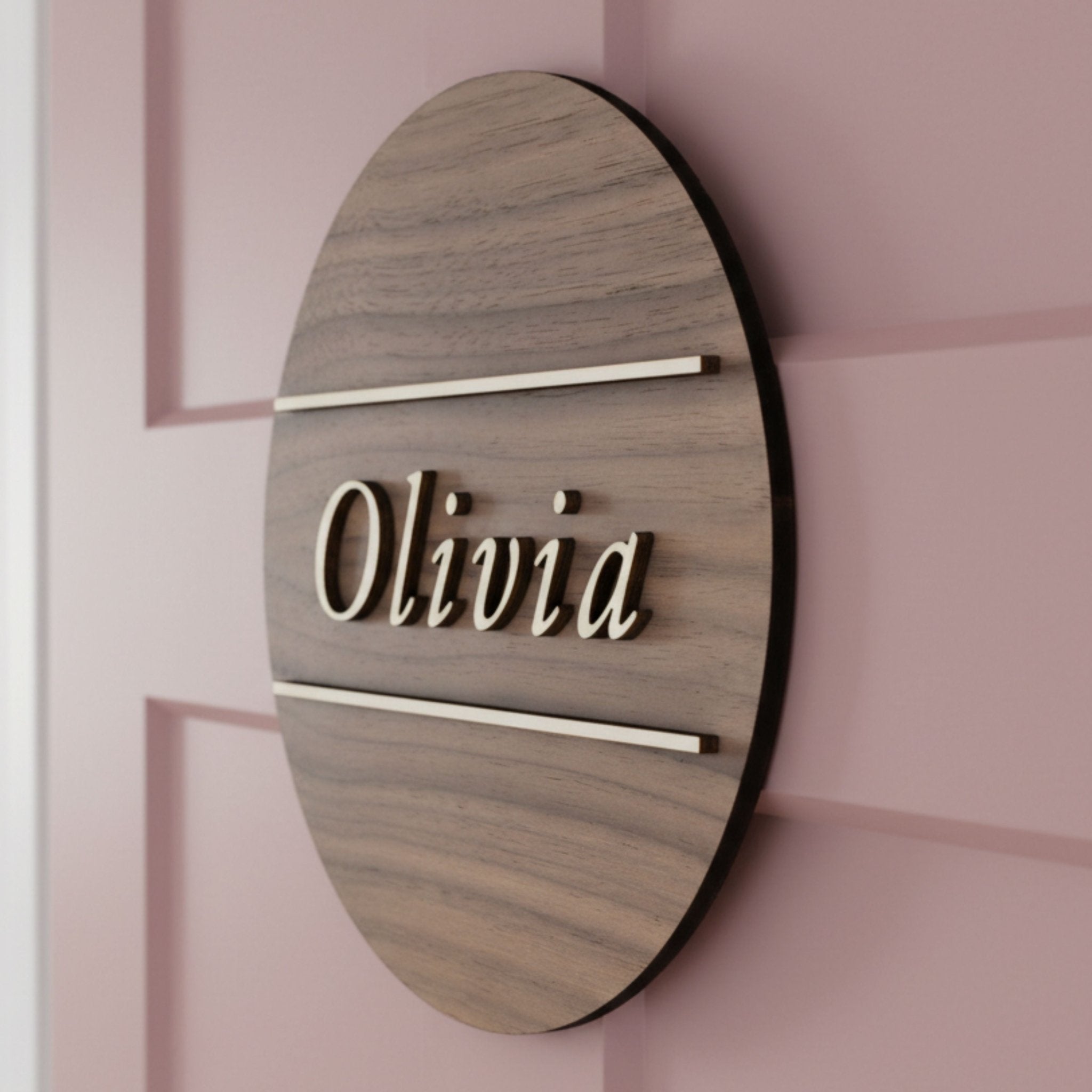 Personalised Round Door Plaque – Walnut or Oak Veneer - Mac and Lilly